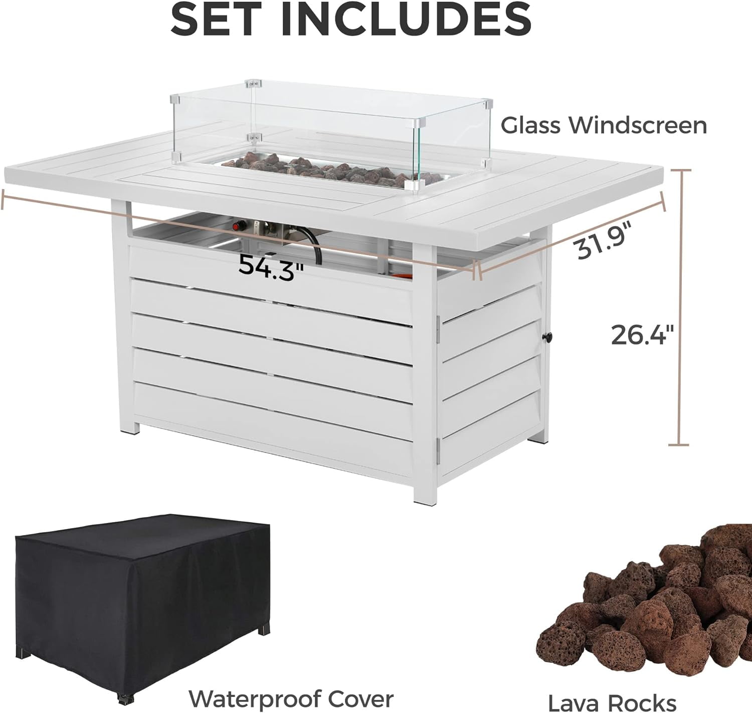RoyalCarft Outdoor Patio Aluminum Propane Gas Fire Pit Table, 50,000 BTU Rectangular Fire Table with Stainless Steel Burner and Waterproof Cover (White, 54.3 in) v44eq