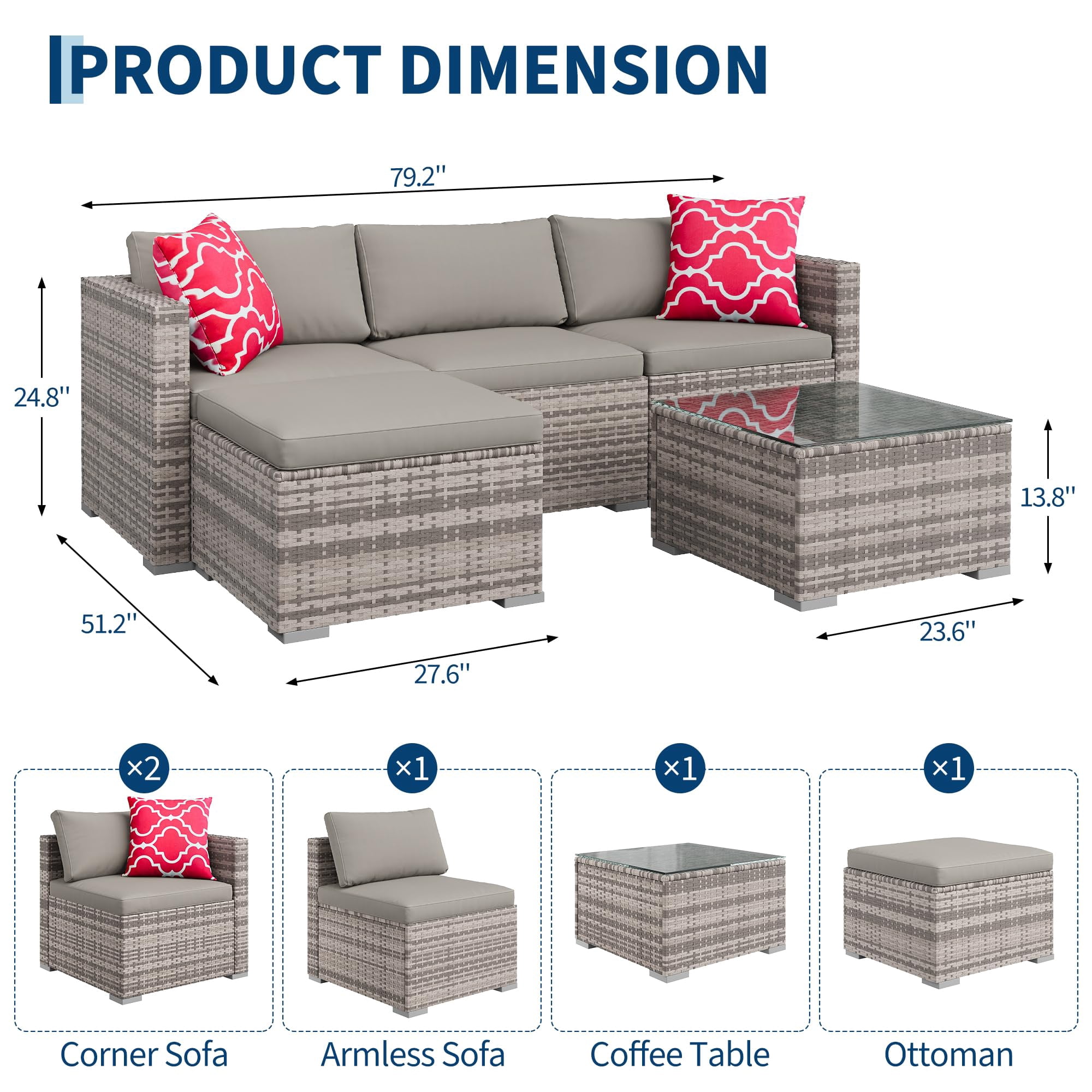 EliteEdge 5-Piece All-Weather PE Rattan Patio Sofa Set, Modular Outdoor Furniture with Tempered Glass Table and Waterproof Cushions (Brown Rattan, Light Grey Cushion, 5-Piece Set) i6xq3