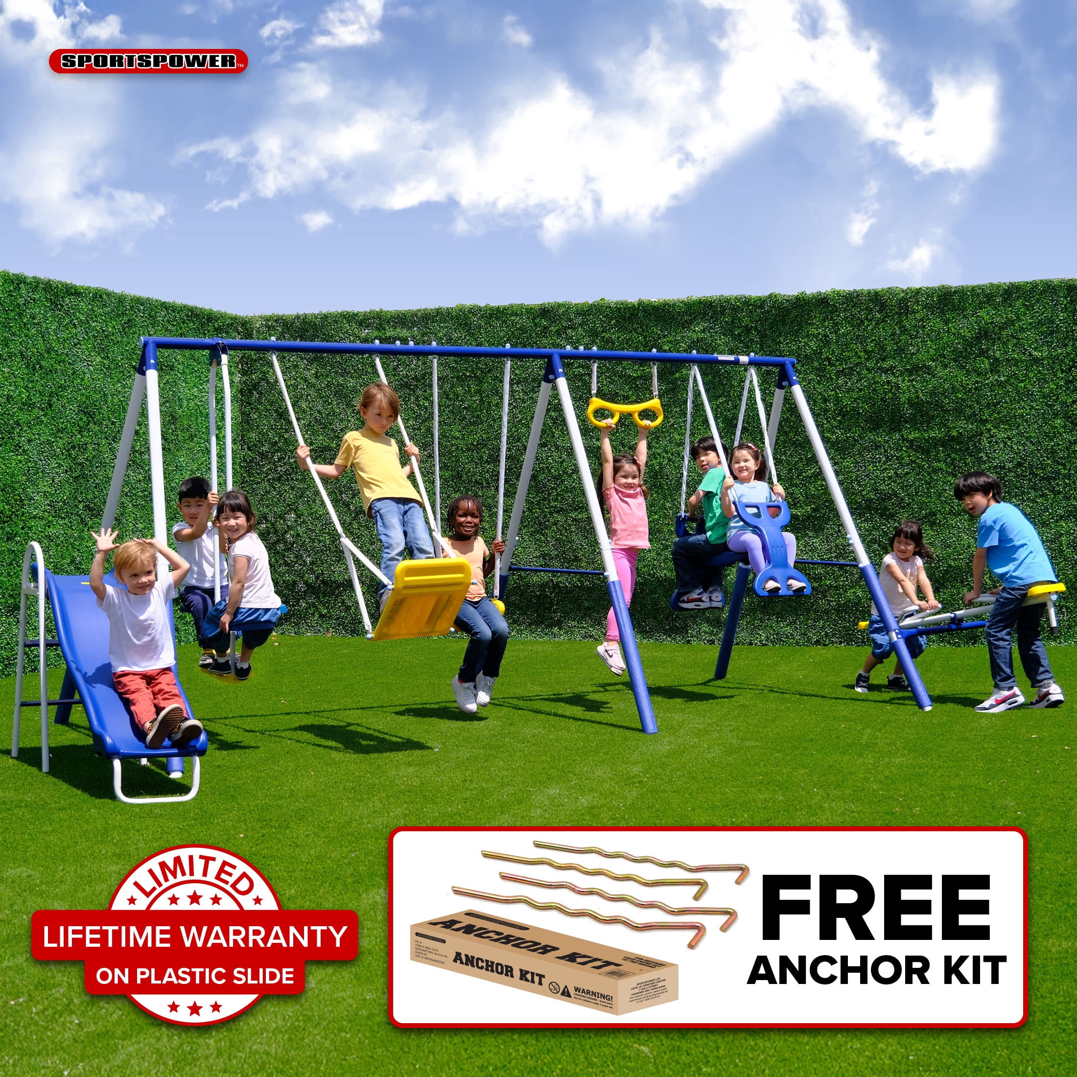 Sportspower Super 9 Metal Swing Set with Slide and Multiple Swings (6.1 ft Steel Frame) 8hlf3