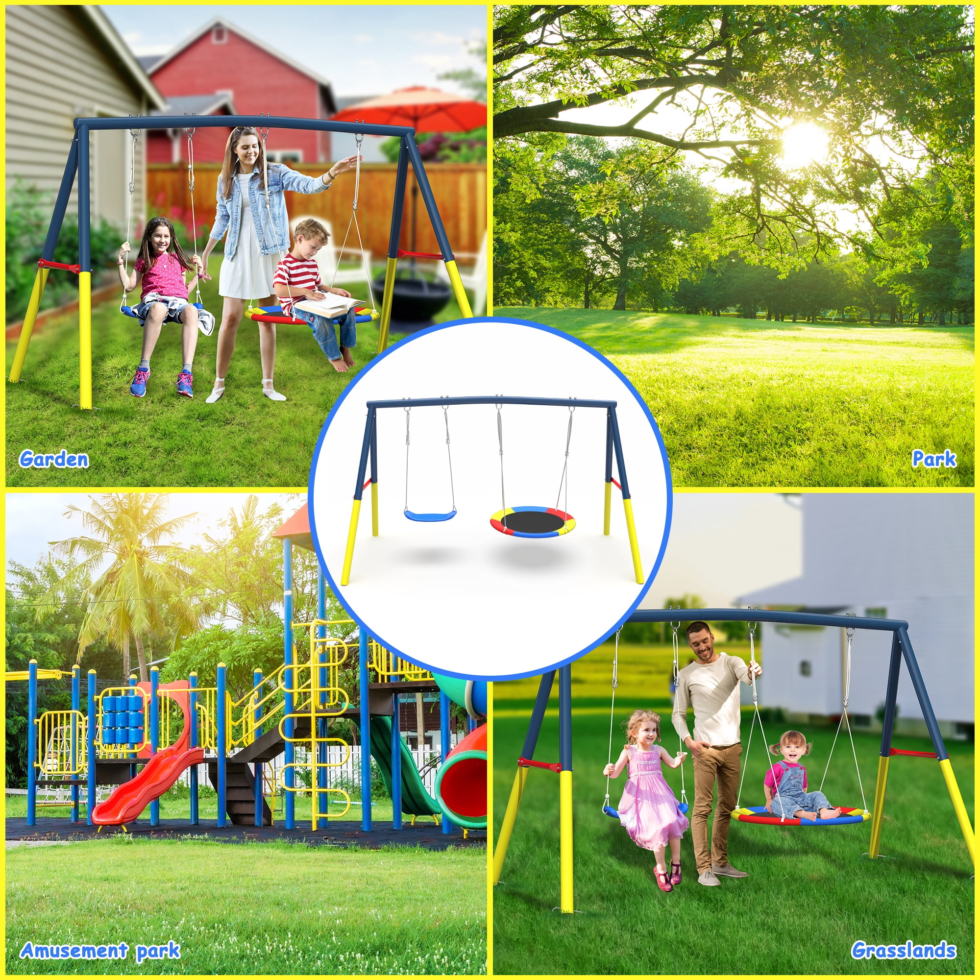 Mersco 2-in-1 Outdoor Swing Set with Heavy-Duty Metal Stand (Blue, 440 lb Capacity) ur5kq
