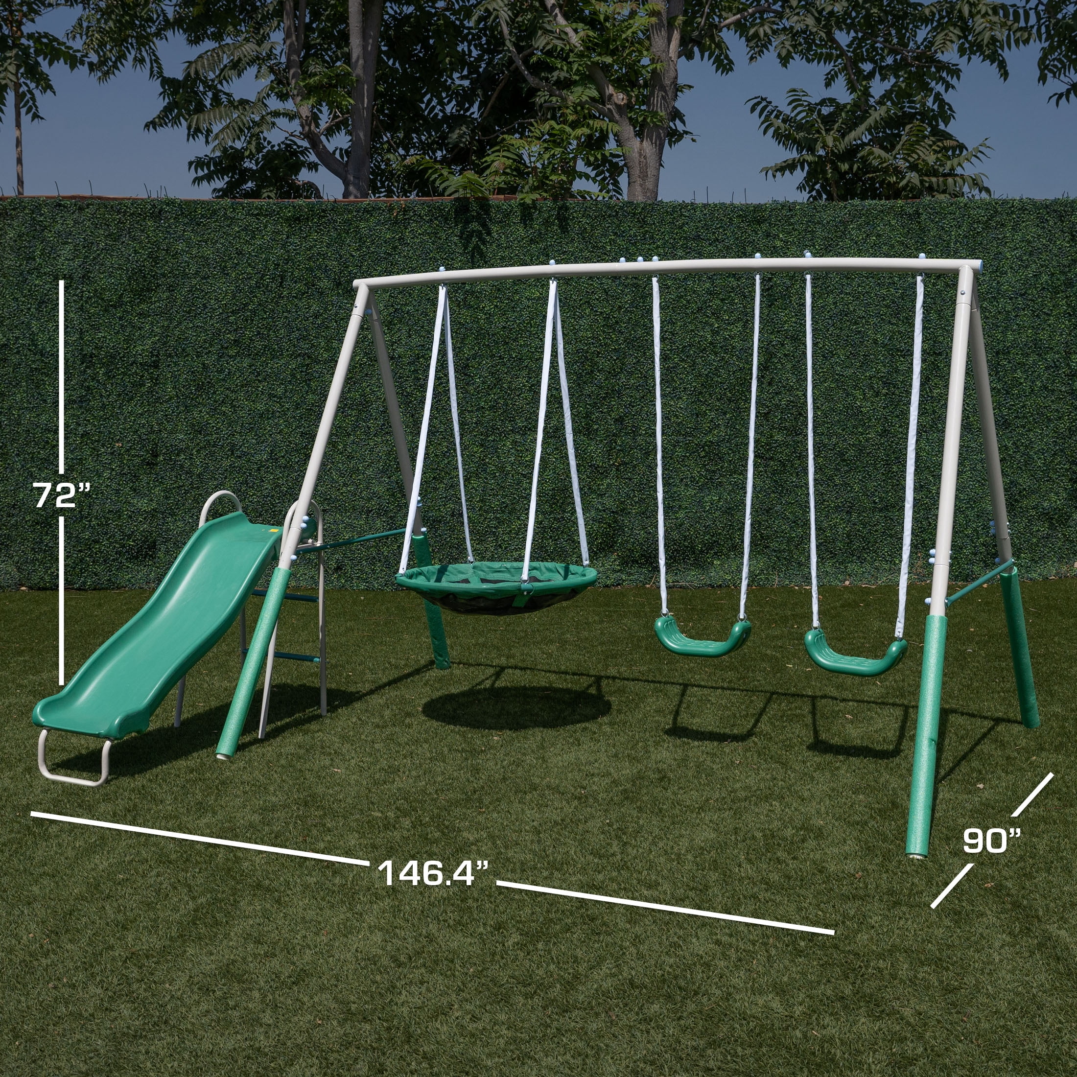 The Swing Company Northridge Metal Swing Set with Saucer Swing and 5 ft Wavy Slide (Green) hxxdv