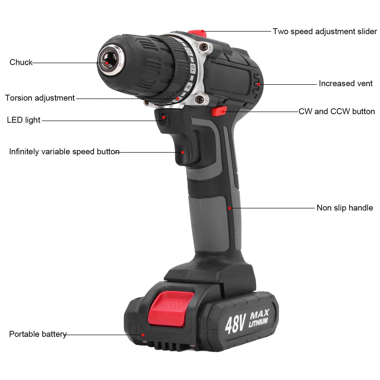 Ldyso 48V Cordless Power Drill Set with 2 Batteries, Variable Speed and LED Work Light (Black, 1 Set) vza90