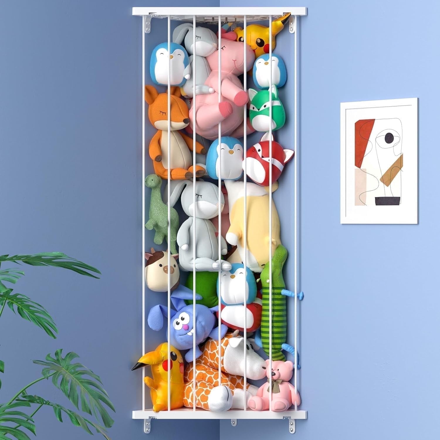 Foukus Corner Stuffed Animal Storage Organizer, Wall Mounted Plush Toy Display Shelf for Kids Room (White, 75 in) sil8p