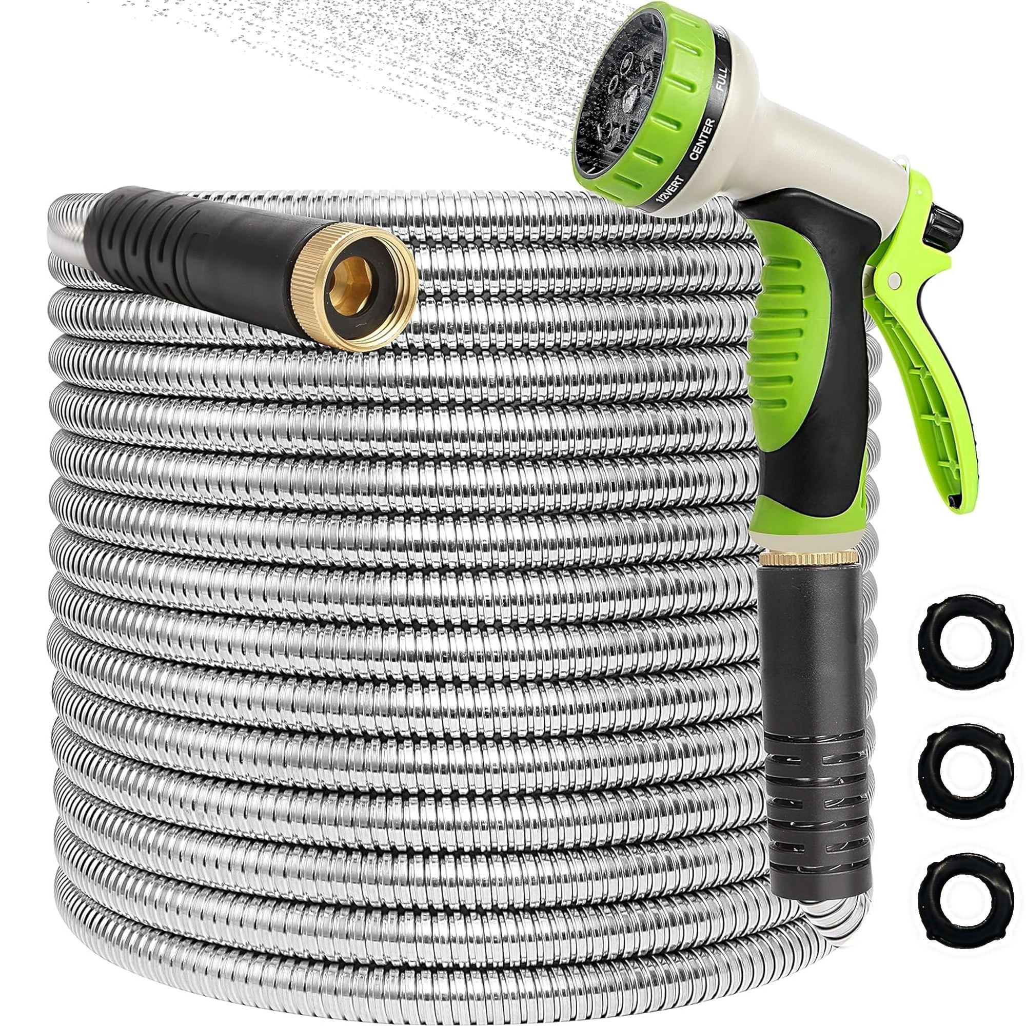 Teblint 304 Stainless Steel Garden Hose, Heavy-Duty Flexible Water Hose with 10-Function Nozzle (Silver, 50 ft) ij93i