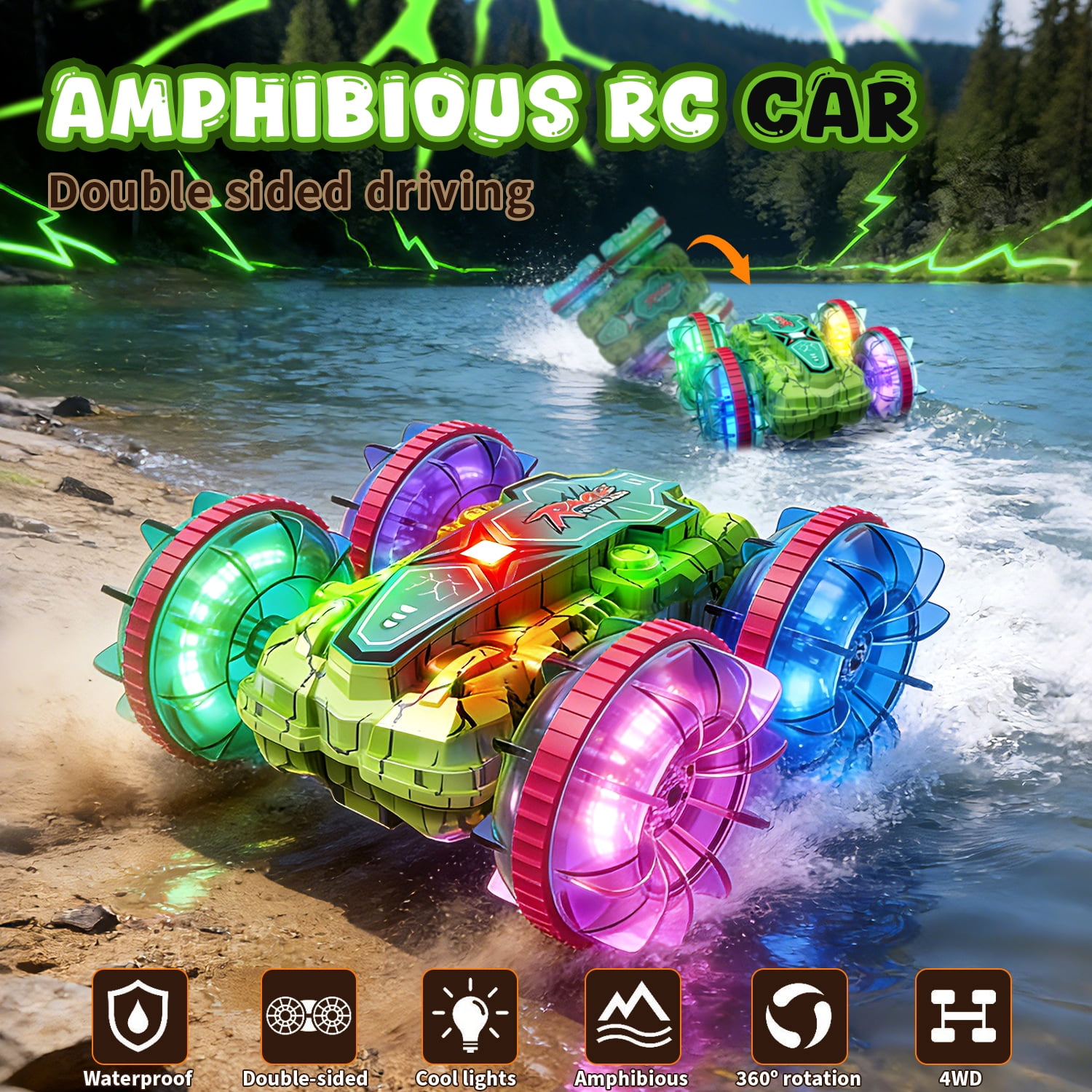 JoyStone Amphibious RC Stunt Car, 4WD Waterproof All-Terrain Remote Control Truck with LED Wheels (Green, 1 Pack) u928h
