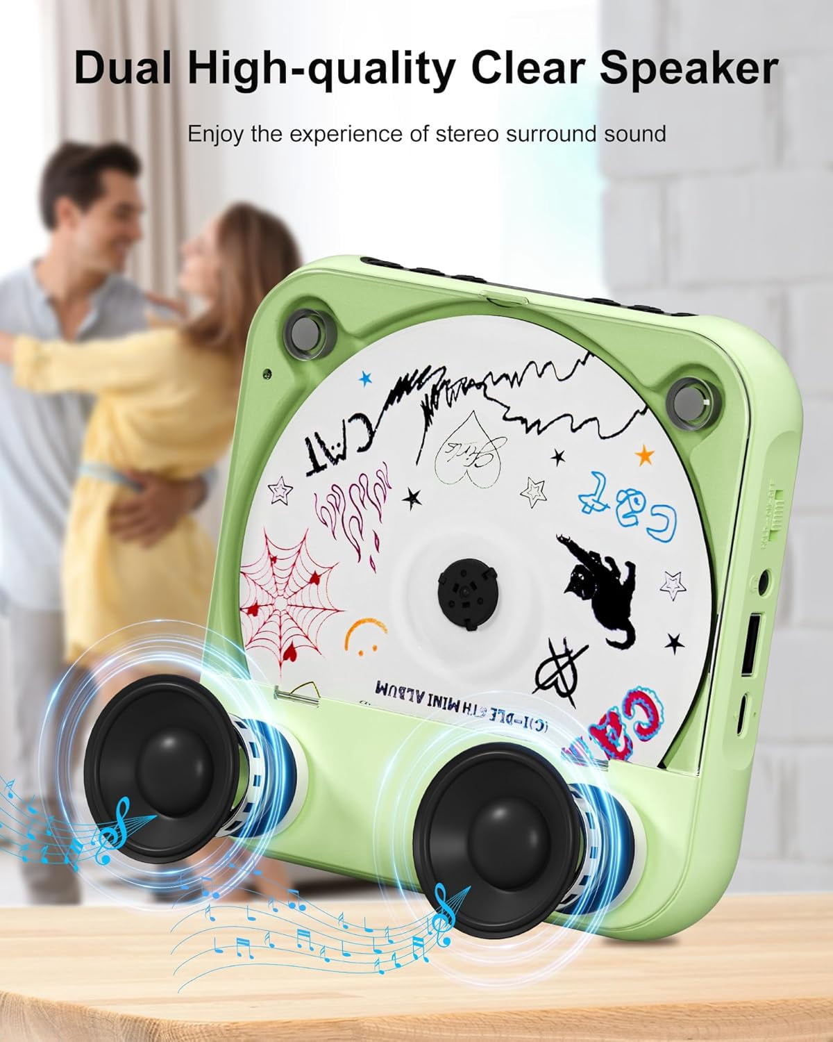 otnbgsr Portable CD Player with Bluetooth Dual Speakers Rechargeable Music Player (Green, 1 Pack) ccnm6
