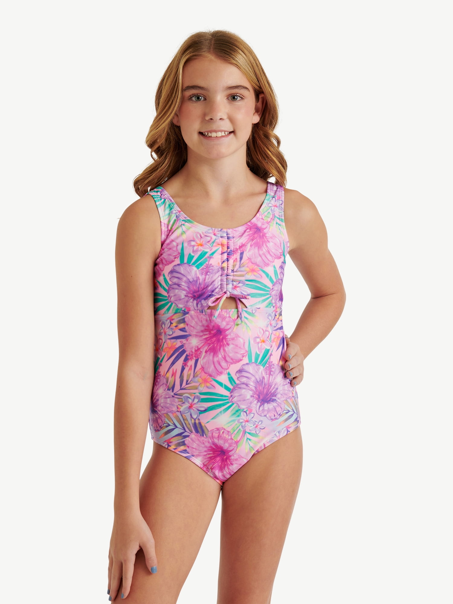 Justice Girls One Piece Center Cinched Swimsuit (Multi, XS) 1yip0