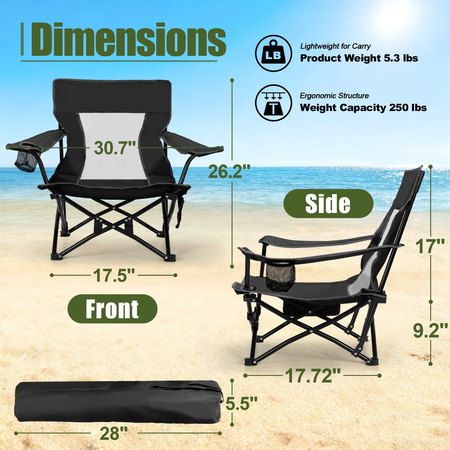 Walchoice Folding Beach Chair for Adults, Heavy Duty Portable Camping Chair with High Back and Cup Holder (Black, 30.7 in Wide) pt18e