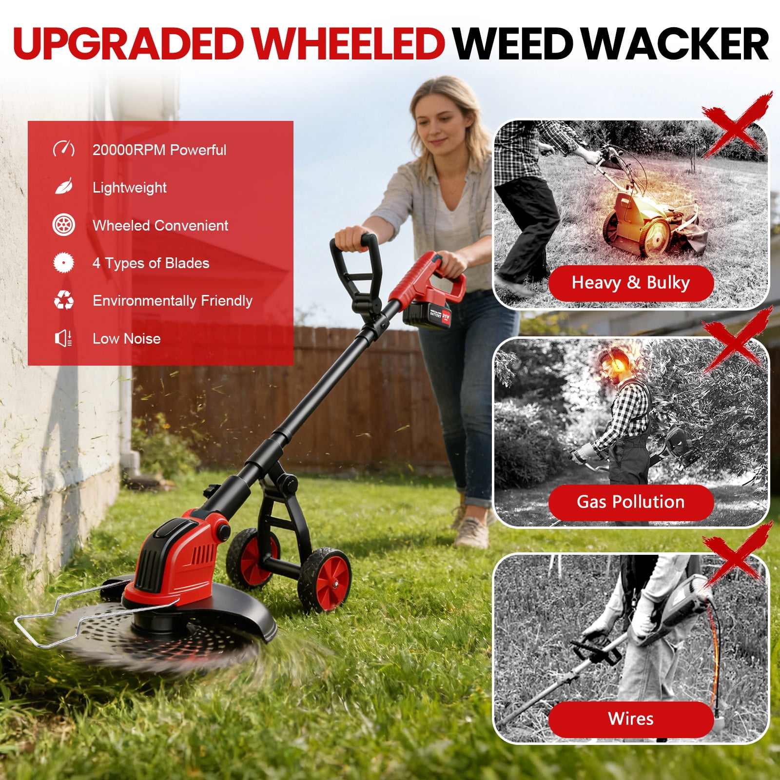 Tanbaby Electric Weed Wacker Cordless Grass Trimmer with Wheels and 4 Blades (Red, 12 in) 6mn2f