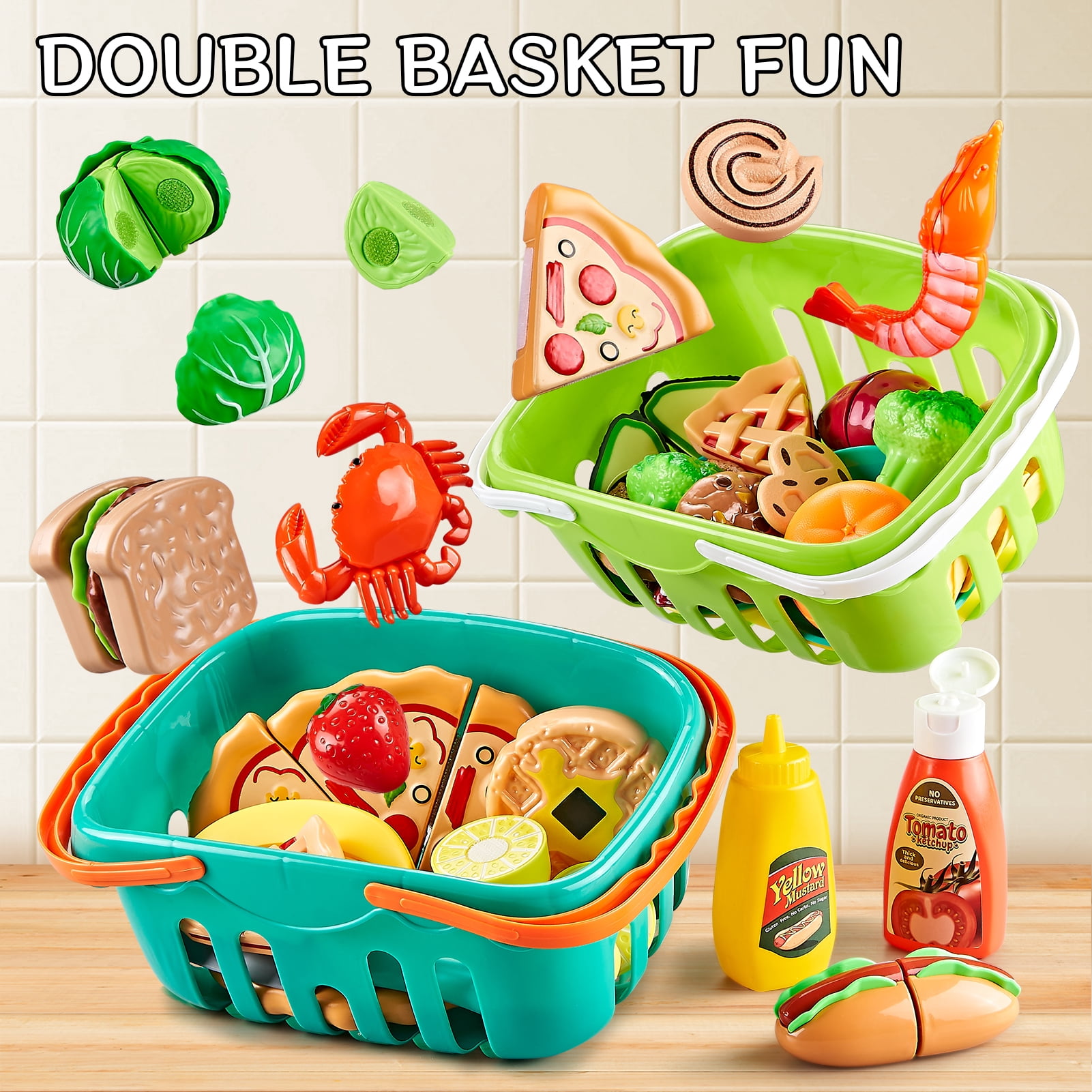 LAUGIGLE Pretend Play Food Set for Kids Kitchen, Cutting Toy Food with 2 Storage Baskets (85 Pieces) 00dfn