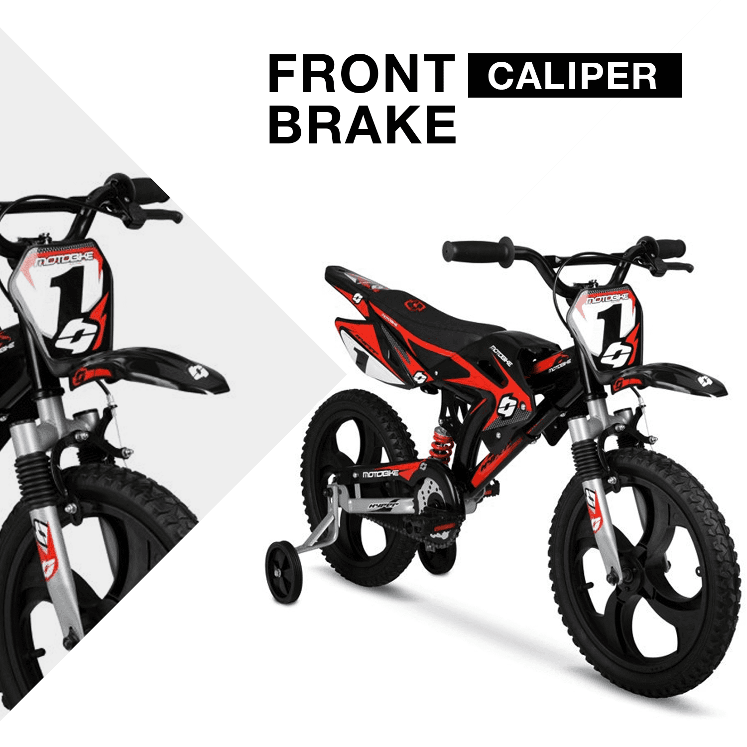 Hyper Bicycles 16 in Moto Bike for Kids, Durable Steel Frame with Training Wheels (Black/Red, 16 in) q75c1