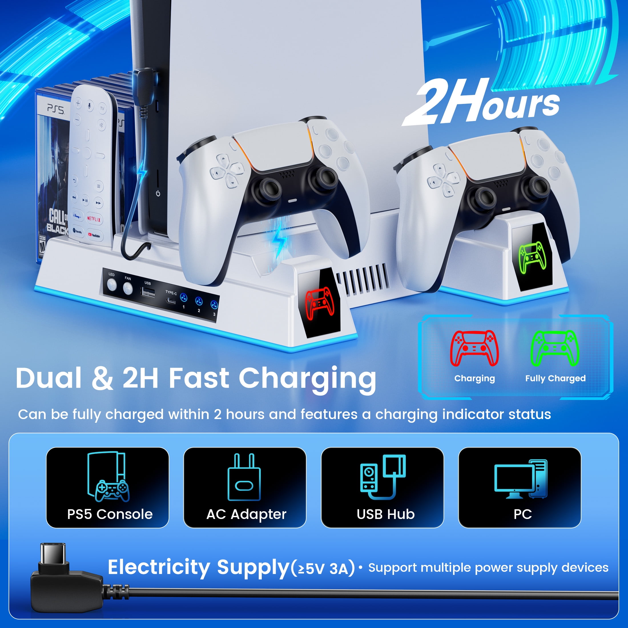 Esywen PS5 Cooling Stand with Dual Controller Charging Dock (White, 1 Pack) 18f2k