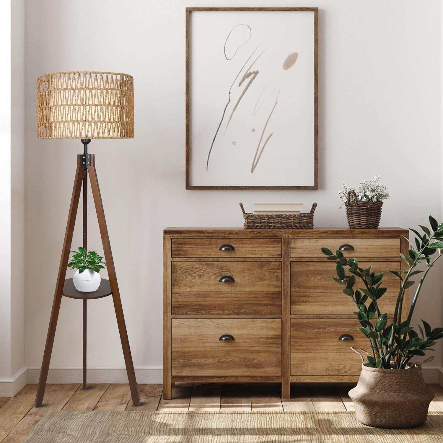 PuppyCheer Boho Tripod Floor Lamp with Shelves, Mid Century Wood Standing Lamp with Rattan & Fabric Shades (Brown, 59 in) siusv