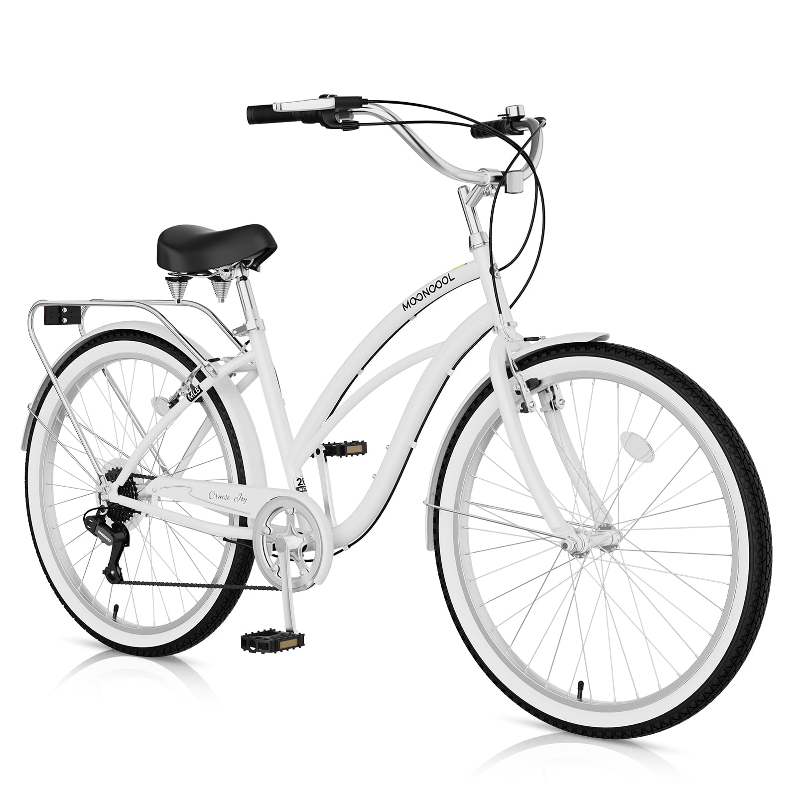 MOONCOOL 7-Speed Beach Cruiser Bike, Step-Through Frame Commuter Bicycle with Cargo Rack (White, 26 in) 89y2i
