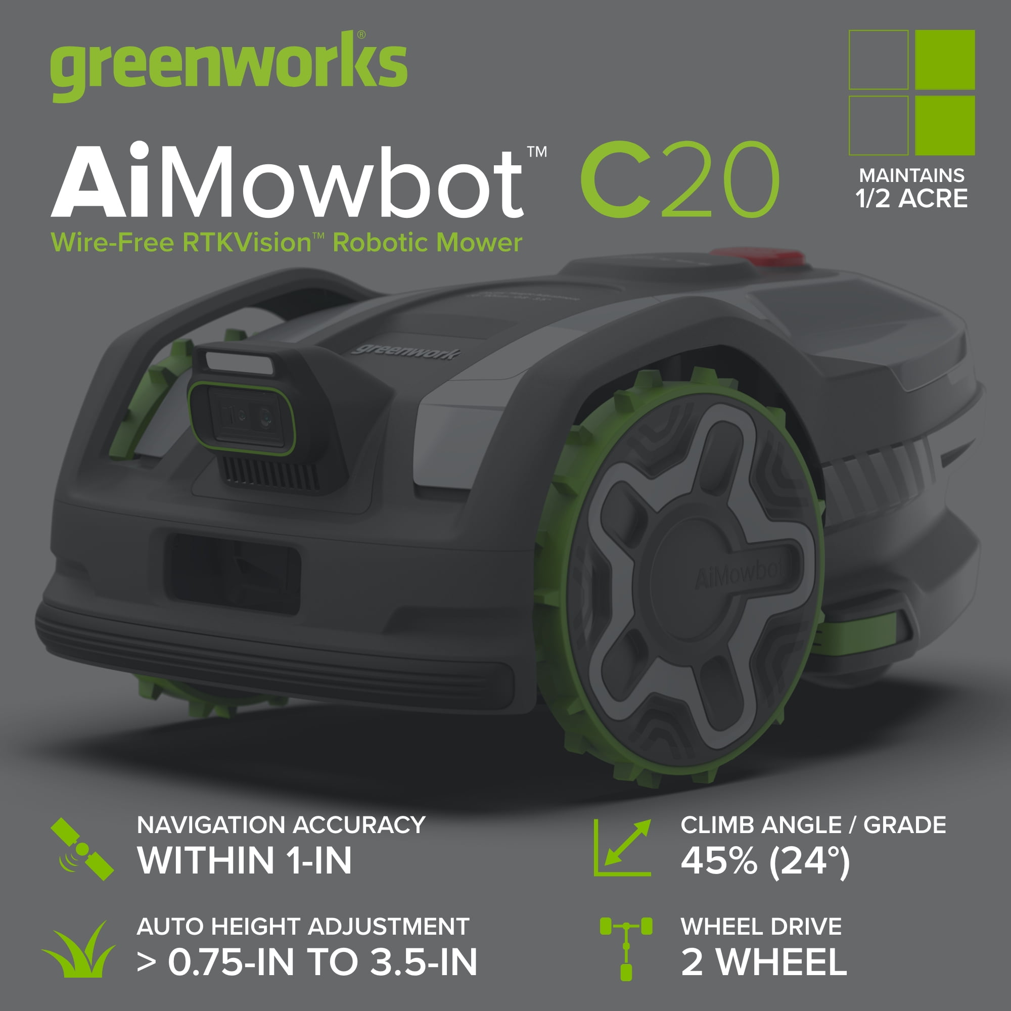 Greenworks AiMowbot Wire-Free RTKVision Robotic Mower (Green, 0.5 Acre Capacity) z6jfc