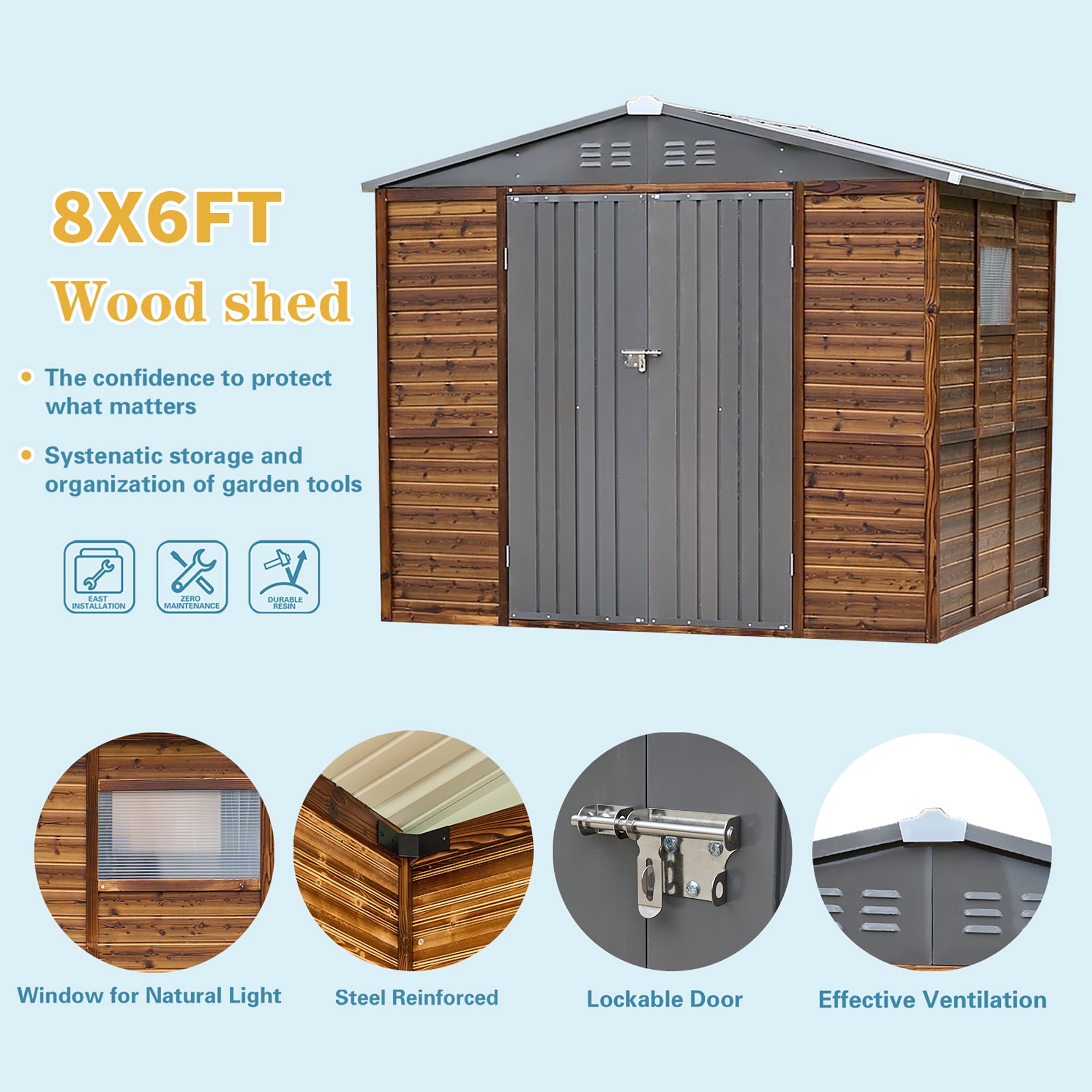 FFZ Iron-Wood Outdoor Tool Shed, Weatherproof Storage House for Garden and Garage (Dark Gray, 87.2x71.46x77.95 in) oe0uf