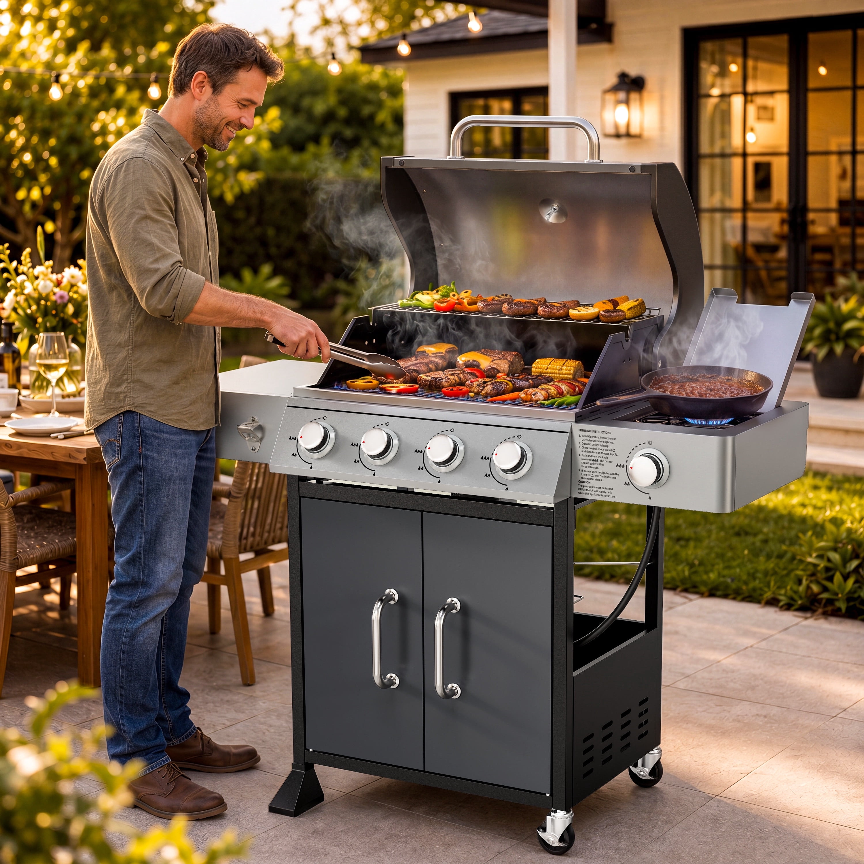 Segmart 4-Burner Propane Gas Grill with Side Burner, Porcelain-Enameled Cast Iron Grates, Built-in Thermometer (Grey, 595 sq. in.) wp7r7