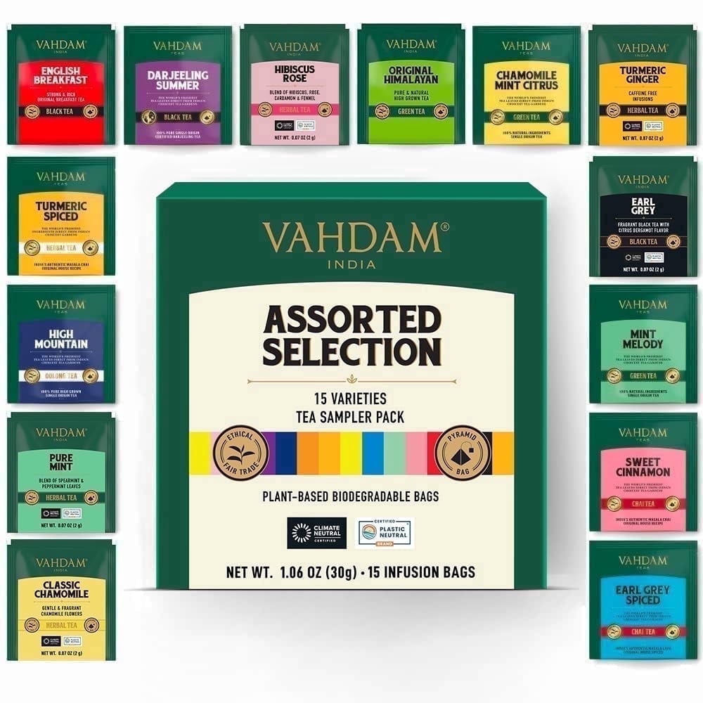 VAHDAM Assorted Tea Sampler Gift Set (15 Unique Flavors, Pyramid Tea Bags) vd8ro