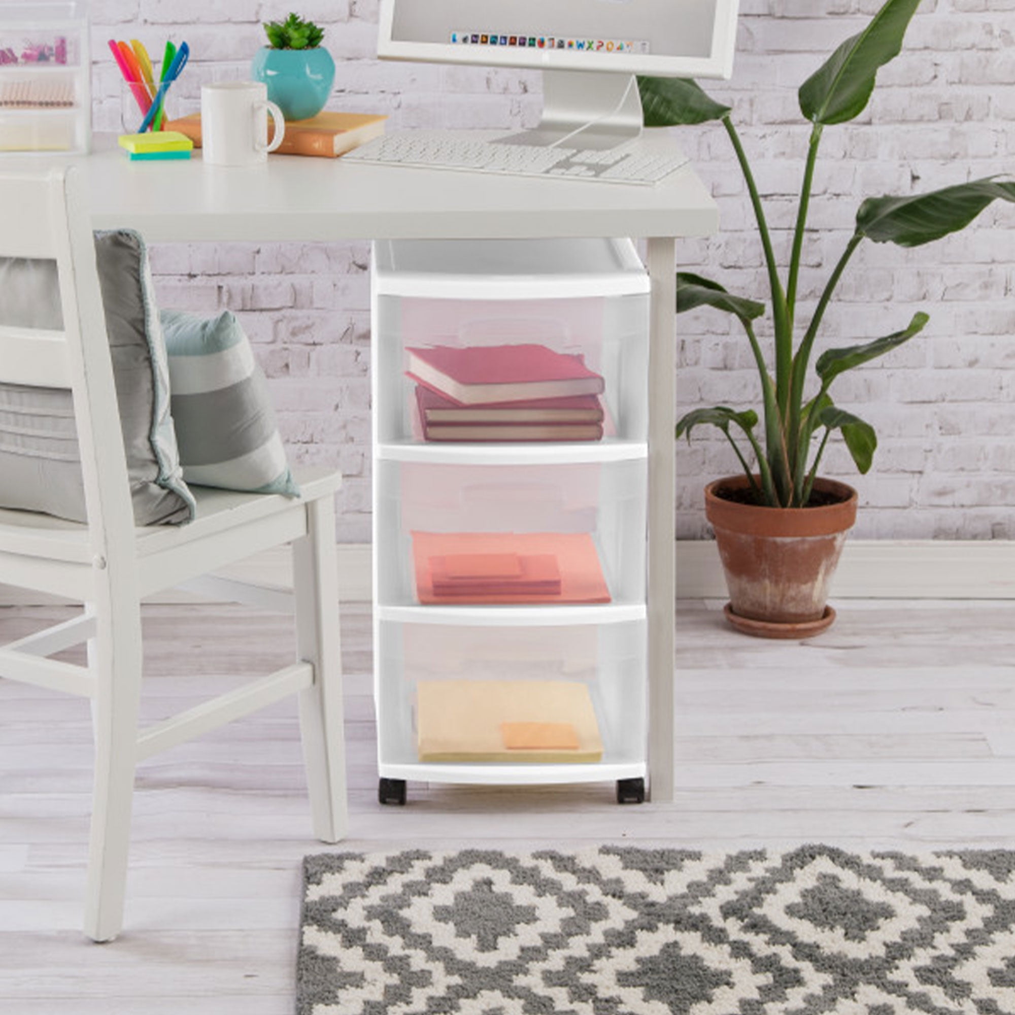 Sterilite 3 Drawer Rolling Storage Cart Organizer with Wheels (White, 4 Pack) 55wf9