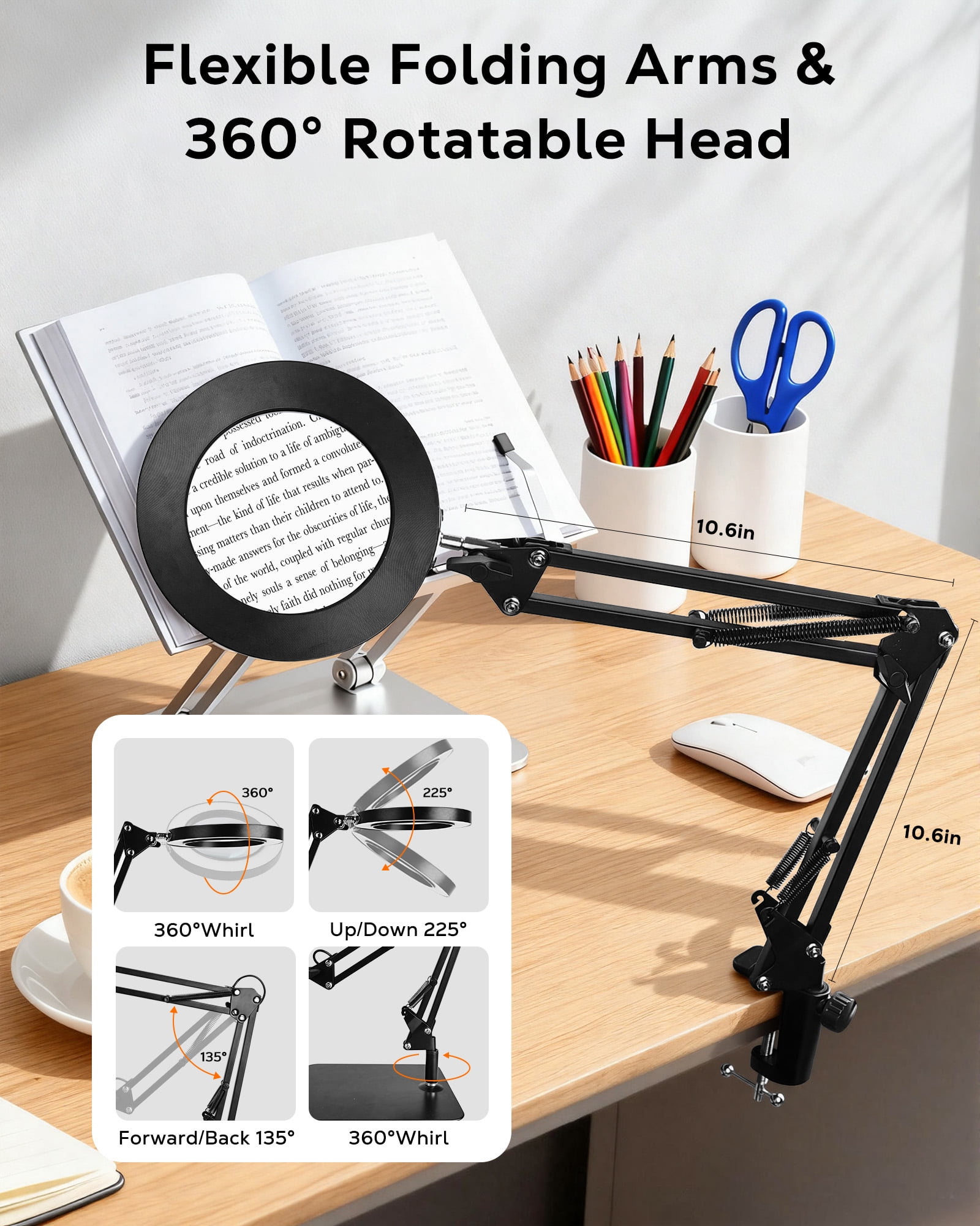 WEENEED 10X Magnifying Lamp with LED Light, Adjustable Swing Arm, Desk Clamp and Base (Black, 6.3 in Lens) kcp4c