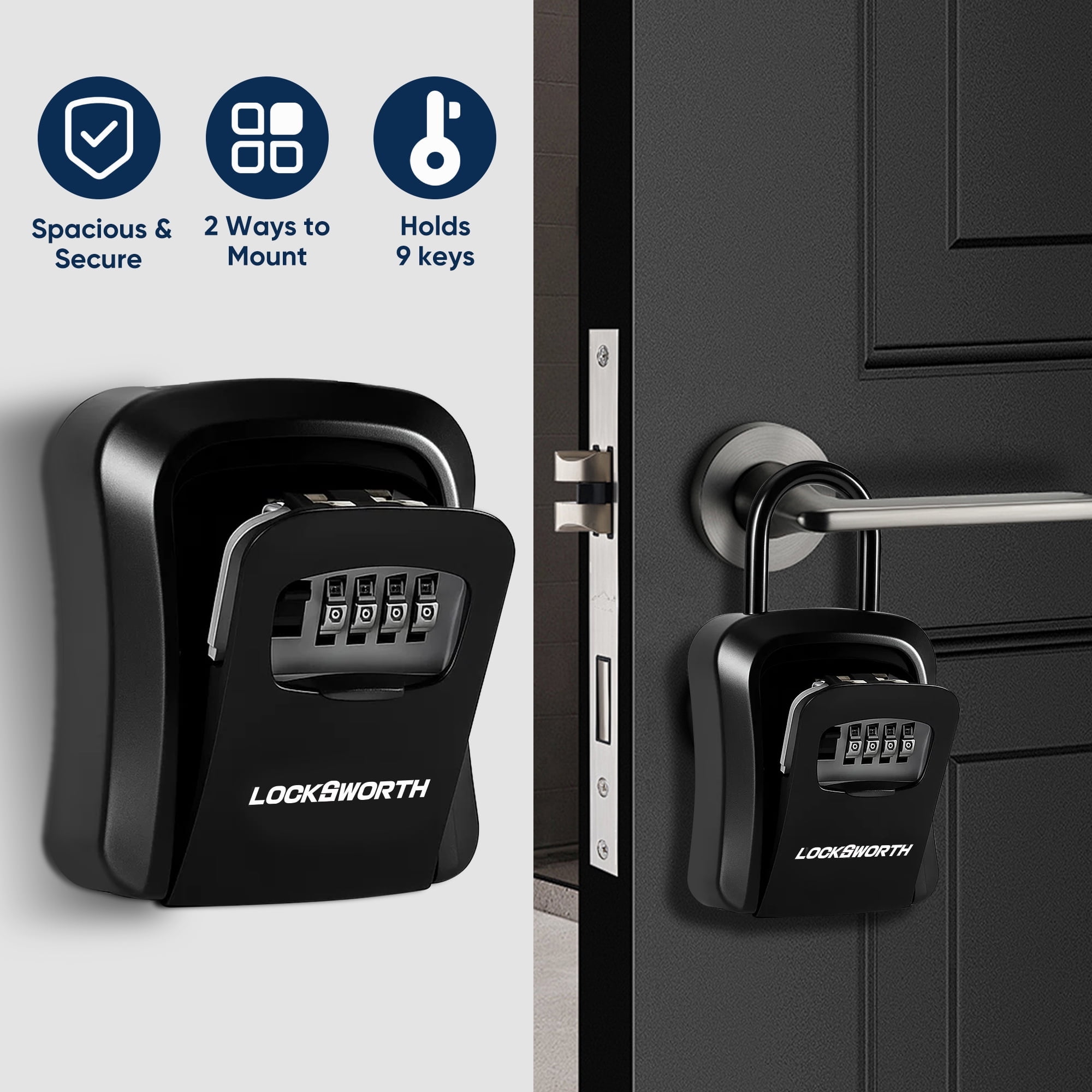 Locksworth Wall Mounted Key Lock Box with Weatherproof Shutter (Black, 9-Key Capacity) uulrv