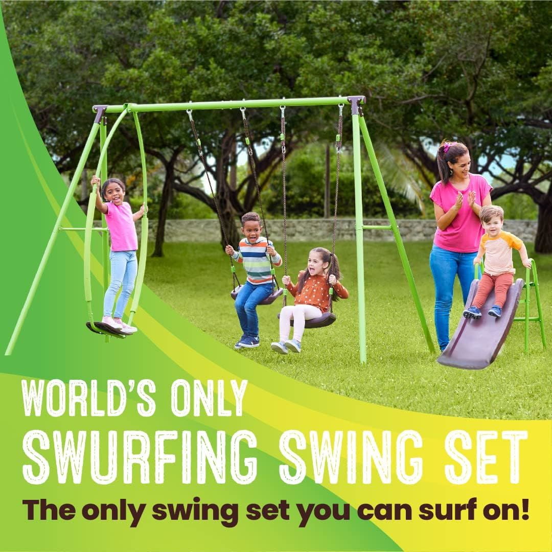 Swurfer Steel Triple A-Frame Swing Set with Slide and Multiple Swings (Green, 1 Set) 79nkz