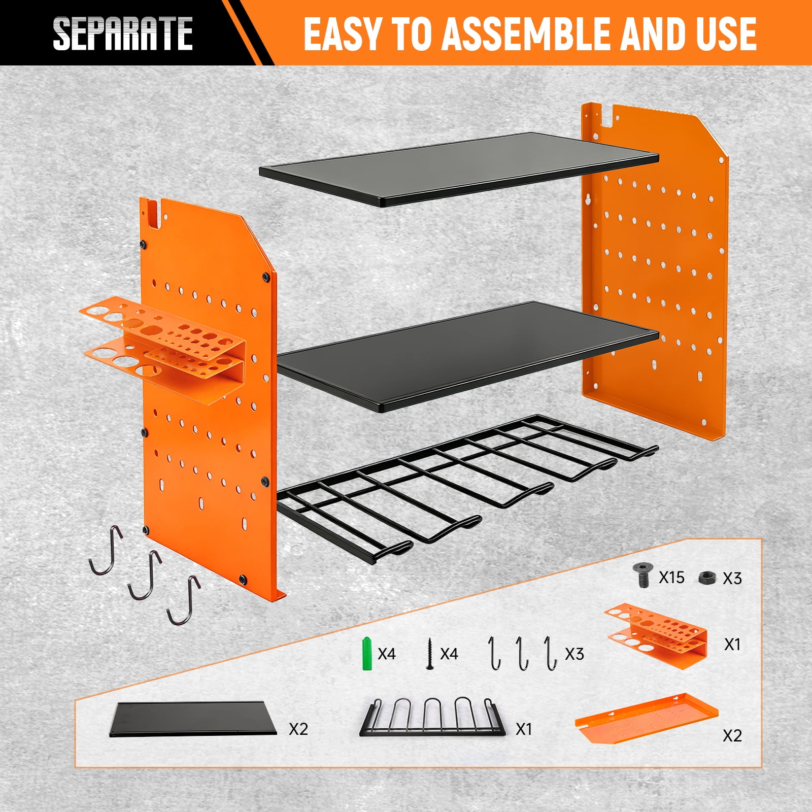 Loonpon Power Tool Organizer Wall Mount, 4-Layer Heavy Duty Drill Storage Shelf with Hooks (Orange, 16.4 in x 8.7 in x 18.9 in) ukydt
