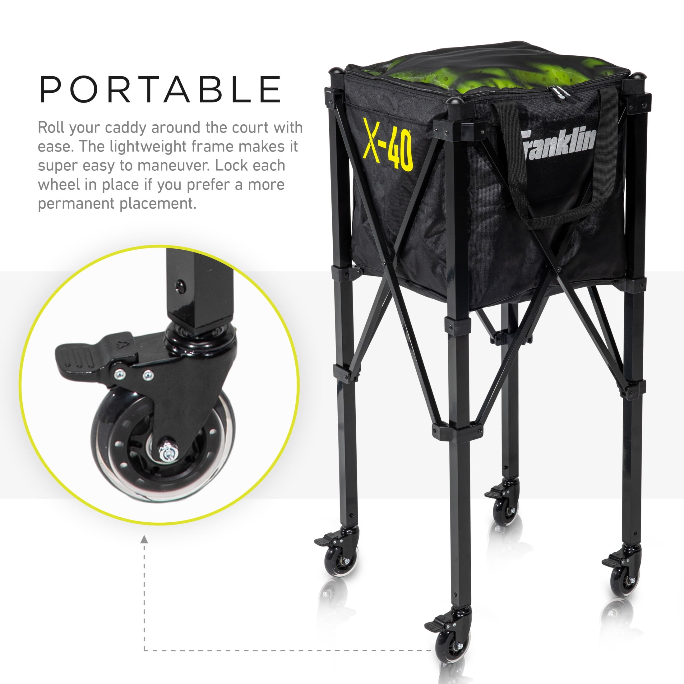 Franklin Sports Portable Pickleball Hopper with Detachable Carry Bag and Wheels (Black, 38 in x 15 in x 15 in) ethmk