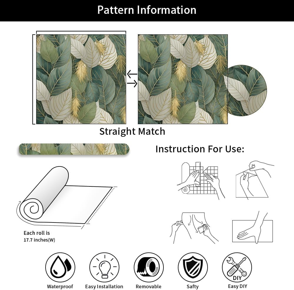 Usachibb Watercolor Floral Peel and Stick Wallpaper, Vintage Gold Leaf Vinyl Contact Paper for Home Decor (Green, 17.3 in x 118.1 in) 6zttj