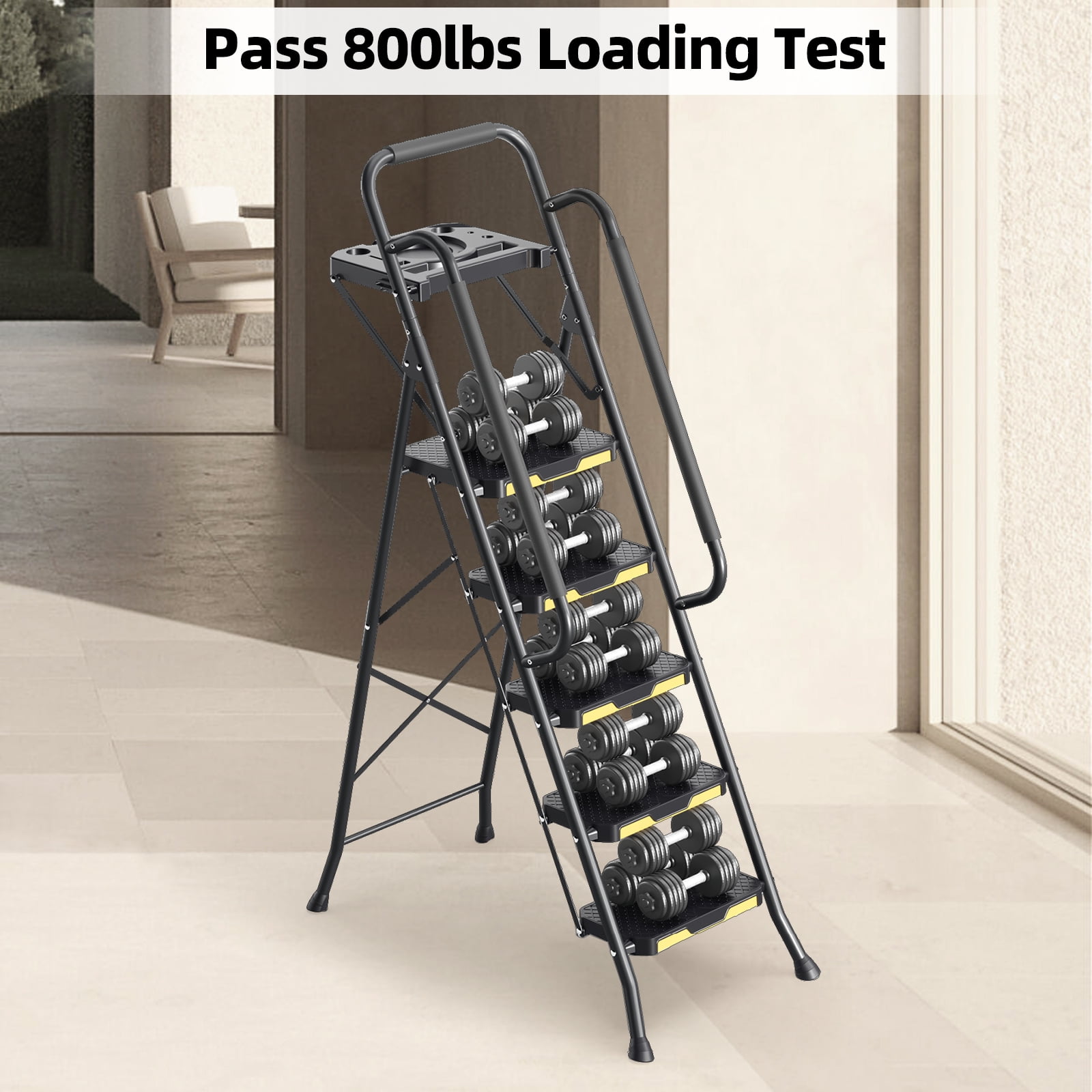 KINGRACK 5 Step Folding Ladder, Heavy-Duty Steel Step Stool with Tool Tray and Anti-Slip Pedals (Black, 800 lb Capacity) mvhq5