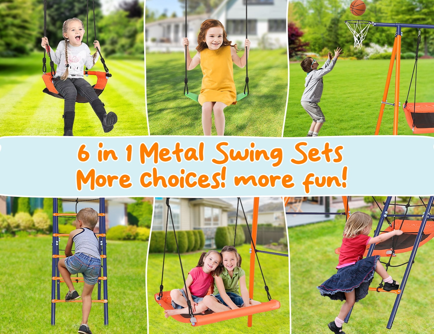 VIBESPARK 6-in-1 Outdoor Metal Swing Set for Backyard with 3 Swings, Climbing Net, Ladder, and Basketball Hoop (Orange, 151.6 in x 71 in x 72.8 in) hwz7i