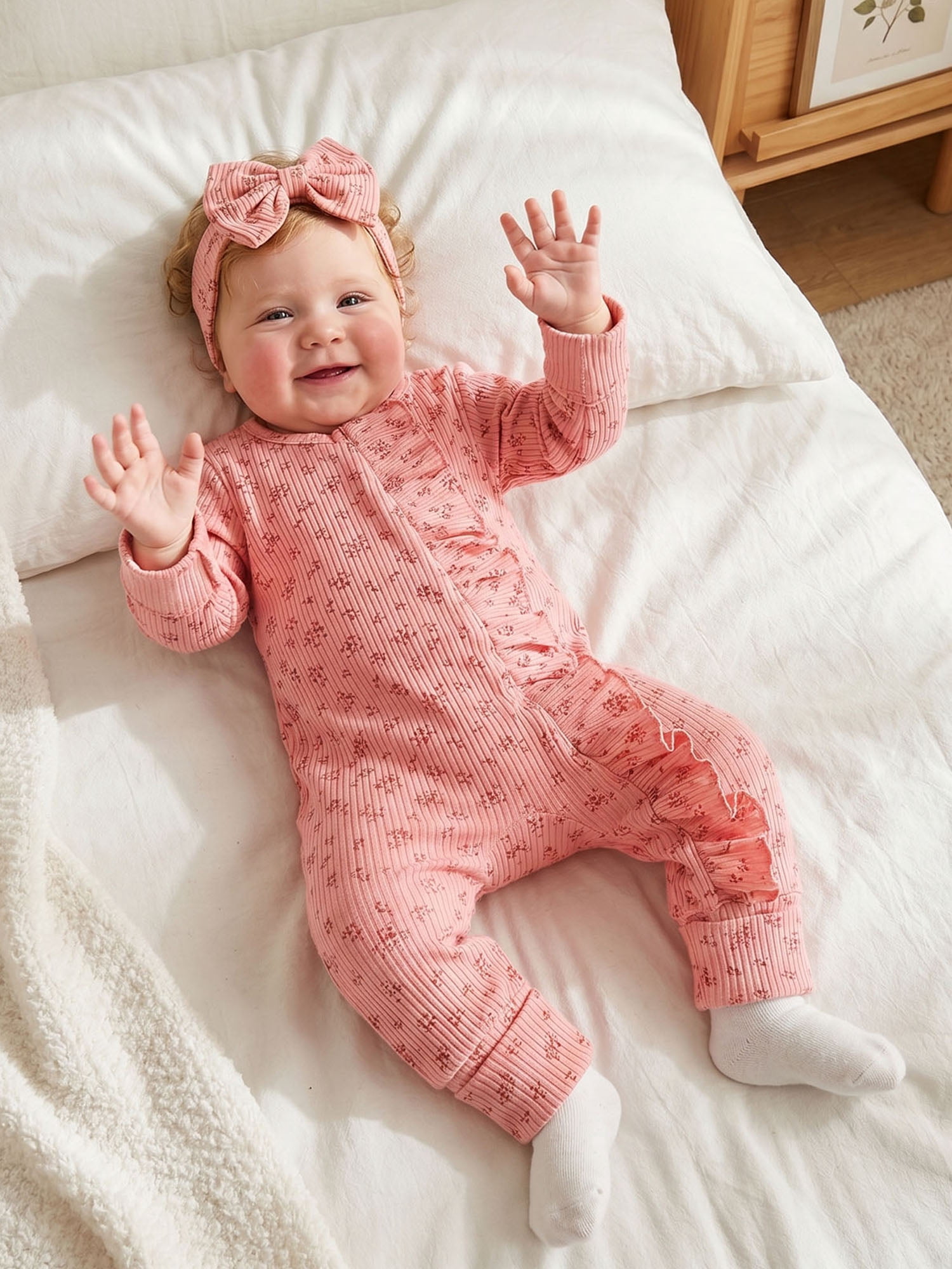 BemeyourBBs Newborn Baby Girl Ruffled Ribbed Romper and Headband Set (Pink, Preemie) df7ix