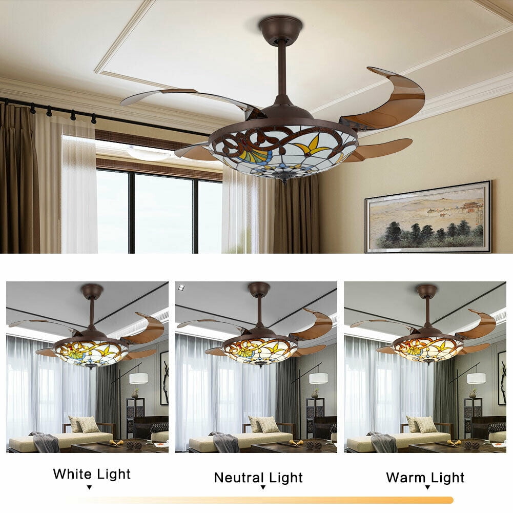 Denest 42 in Tiffany Style LED Retractable Ceiling Fan with Remote Control (3-Speed, 4-Blade) 0zrd0