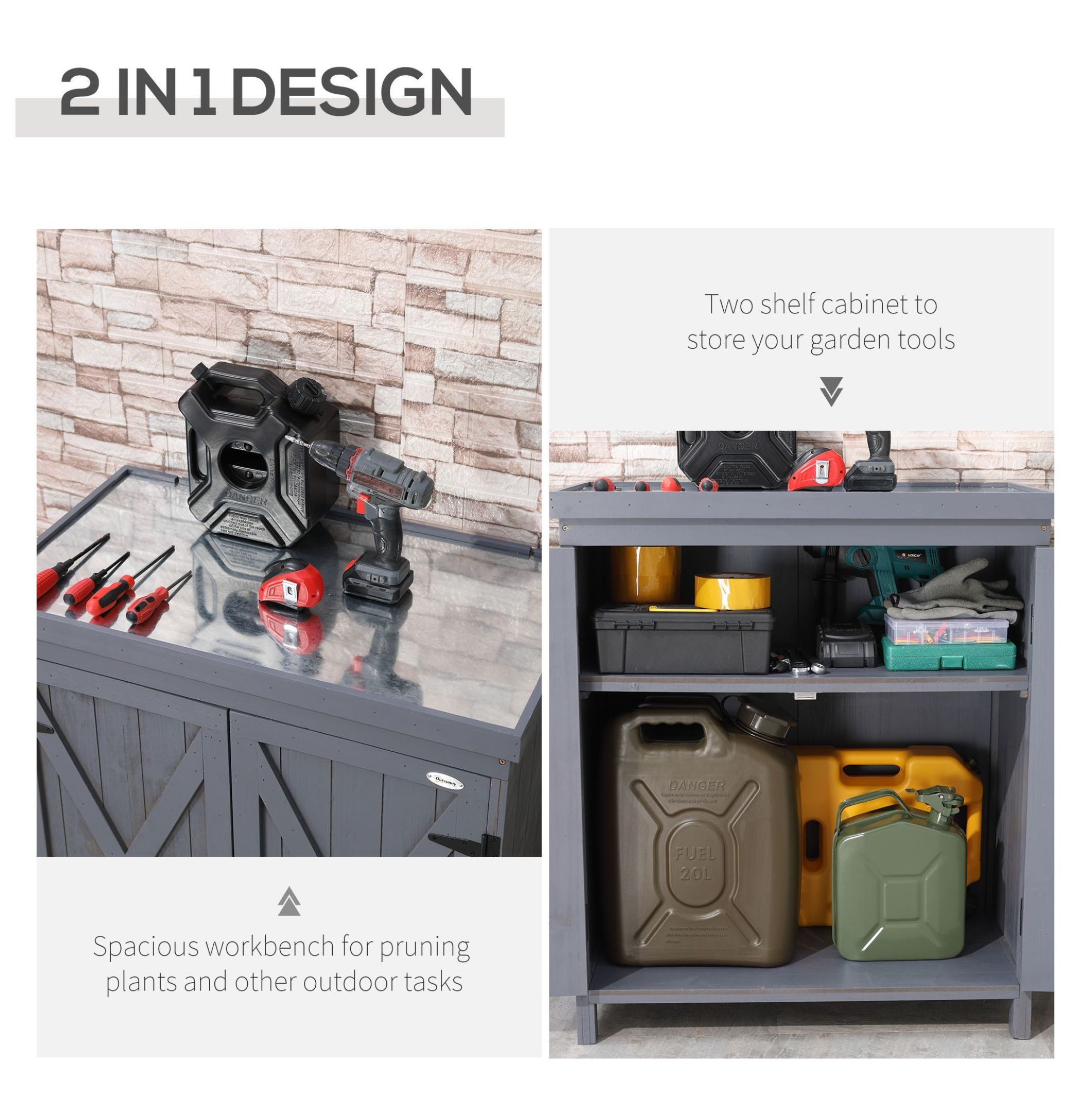DyGTyX Patio Storage Cabinet, Outdoor Tool Shed with Galvanized Steel Top, Weather-Resistant Fir Wood, Double Door (Grey, 31.5 in W x 17.75 in D x 36.25 in H) 3adna
