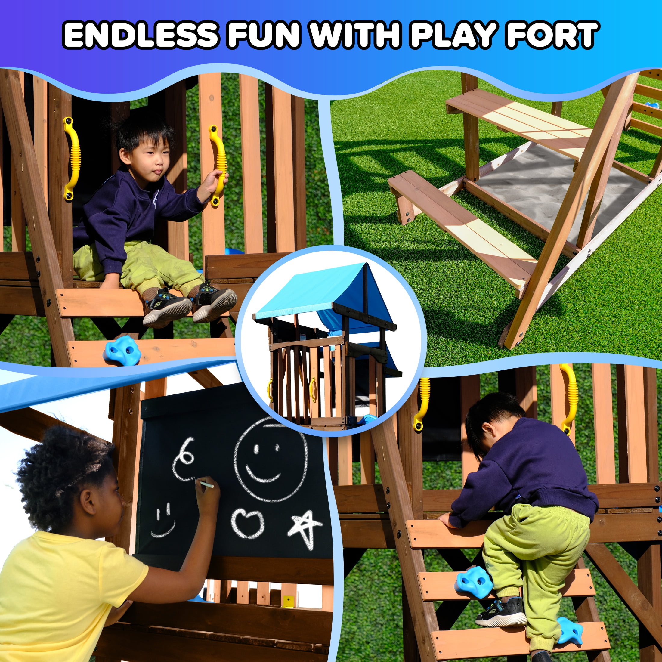 Sportspower Rosemont Wooden Swing Set with Play Fort, Rock Climber, Sandbox, and 8 ft Slide (Blue, 17.9 ft x 7 ft x 9.1 ft) uirkx