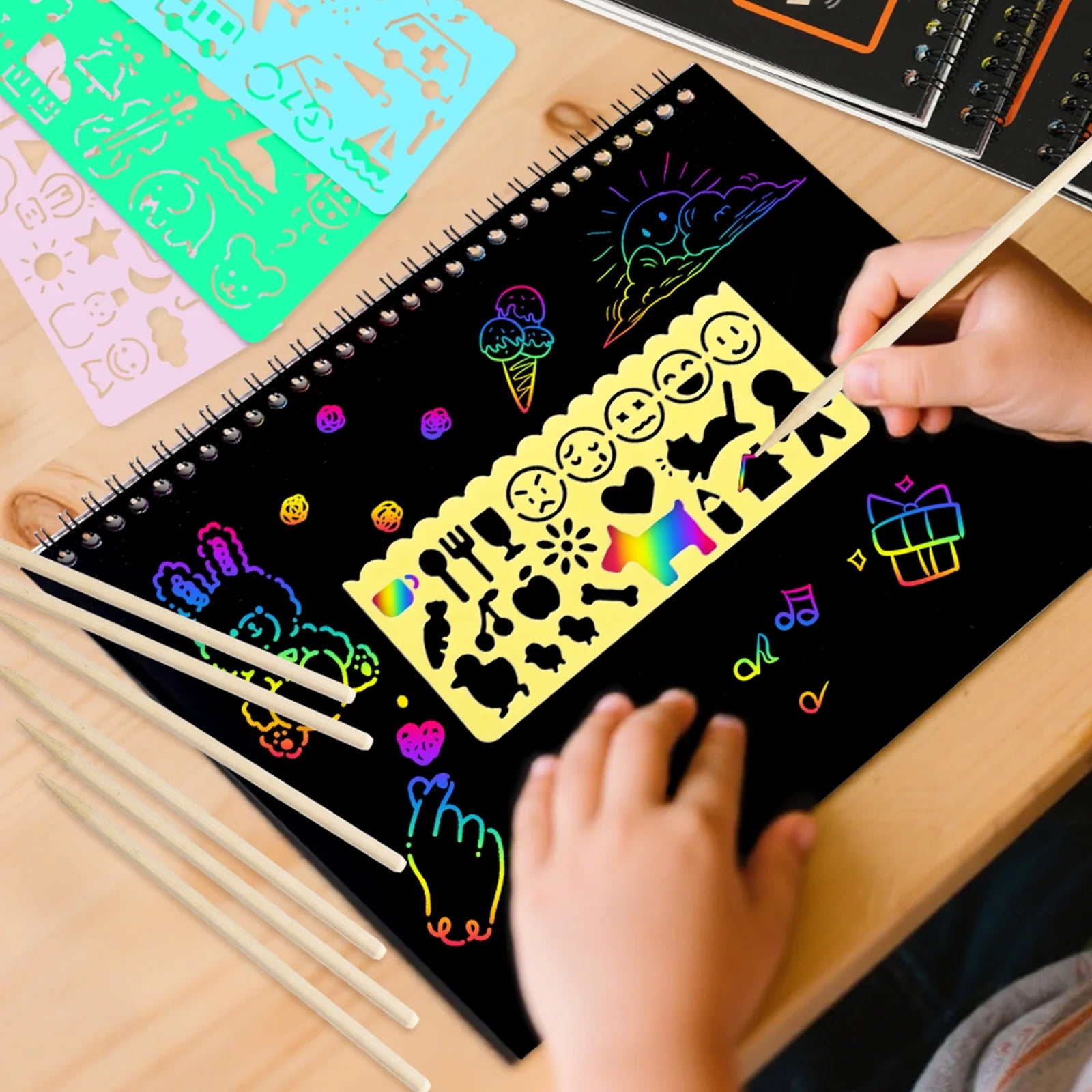 BSHAPPLUS Rainbow Scratch Art Notebooks, Creative DIY Drawing Activity Set for Kids (Black, 4 Pack, 10.2 in x 7.5 in) typ0r
