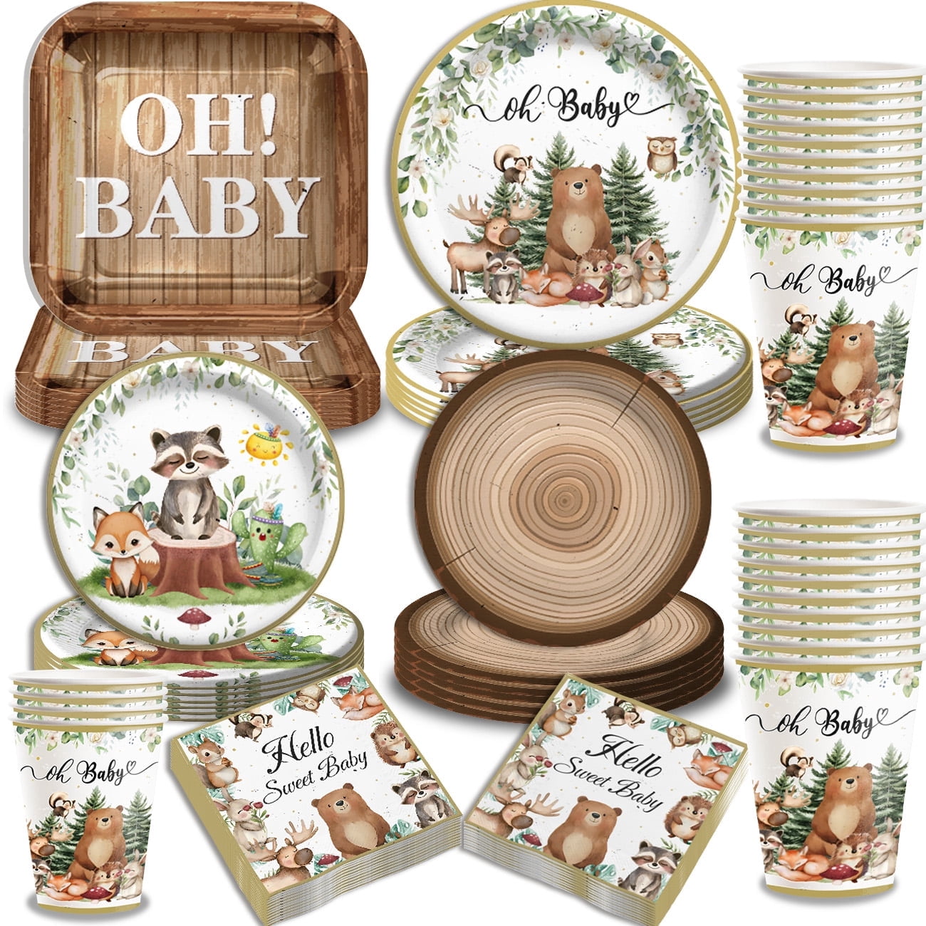MULKUL Woodland Safari Animal Party Supplies Disposable Tableware Set (Sage Green and Gold, 96-Piece Set) 1bnjx