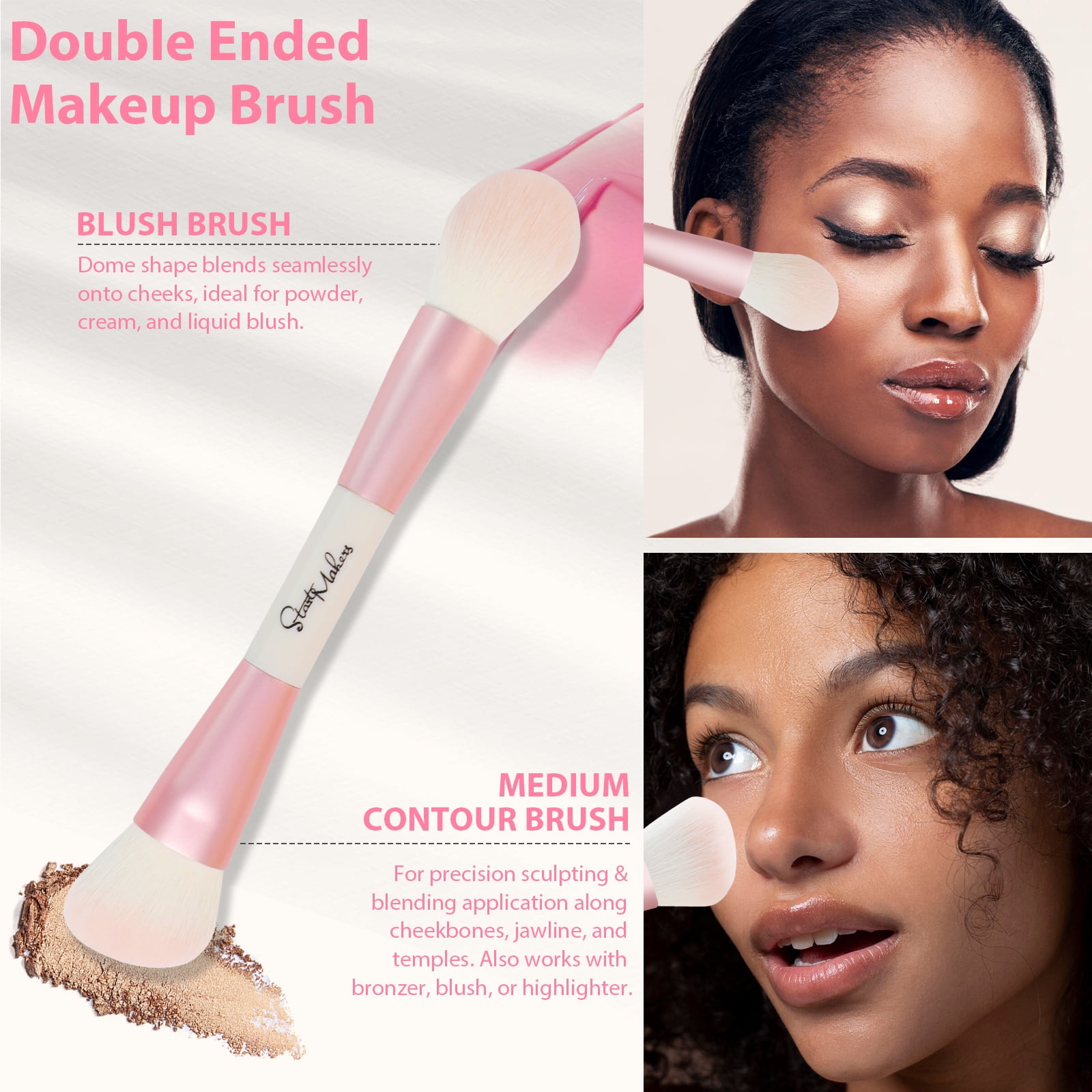 DUAIU Makeup Brush Set, 5Pcs Professional Double-Ended Face and Eye Brushes for Foundation Contour Blush (Pink, 5-Piece Set) fbeje