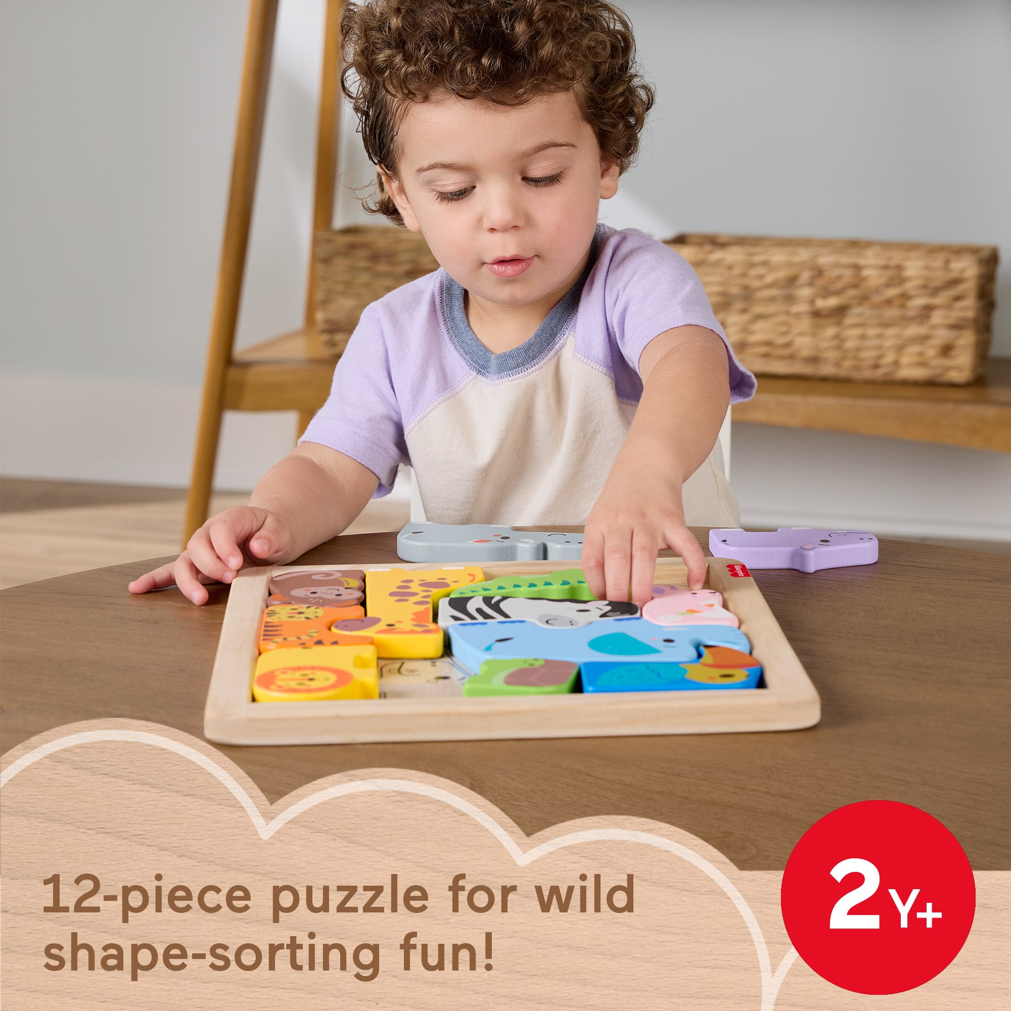 Fisher-Price Wooden Animal Puzzle, Shape-Sorting Activity Set for Toddlers (Multicolor, 12-Piece) n2dh8