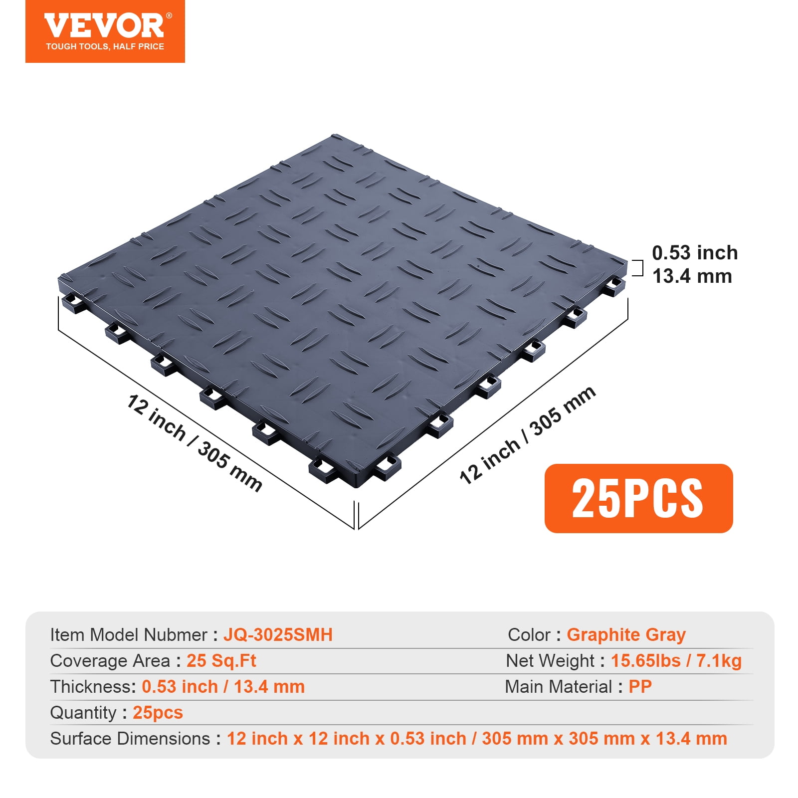 VEVOR Interlocking Garage Floor Tiles, Non-Slip Diamond Texture Flooring for Workshops and Basements (Graphite Gray, 25 Pack, 12 x 12 x 0.53 in) snxxr