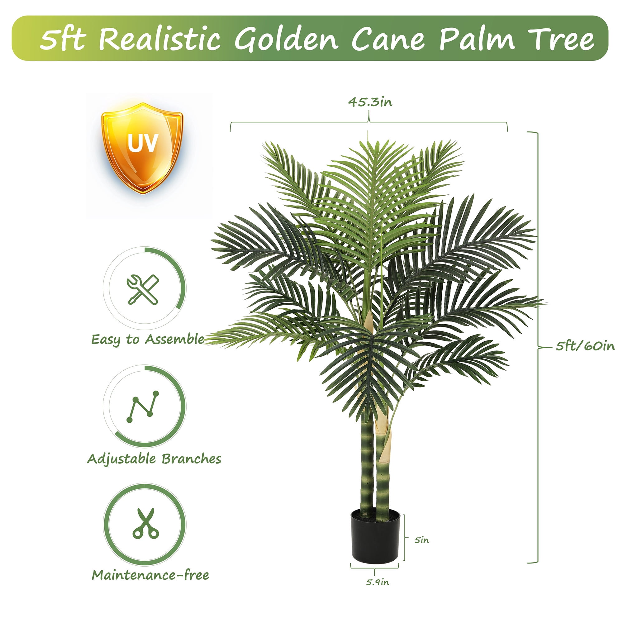 RosyHaven Artificial Golden Cane Palm Tree, UV Resistant Faux Plant for Indoor and Outdoor Decor (Green, 60 in) jh4mx