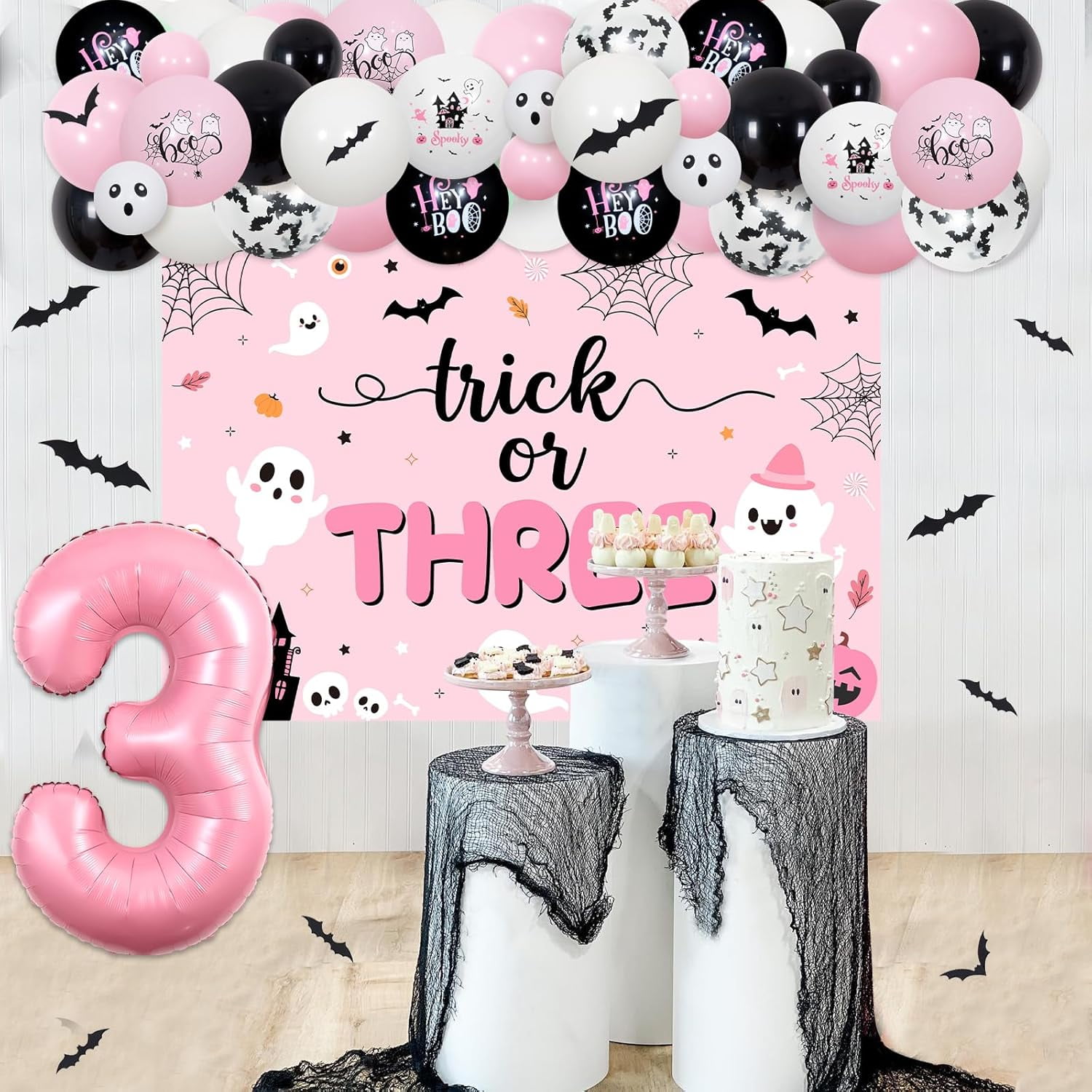 Cheereveal Halloween 3rd Birthday Party Decorations Trick Or Three Balloon Garland Arch Kit (Pink, 185 Piece Set) 0g87g