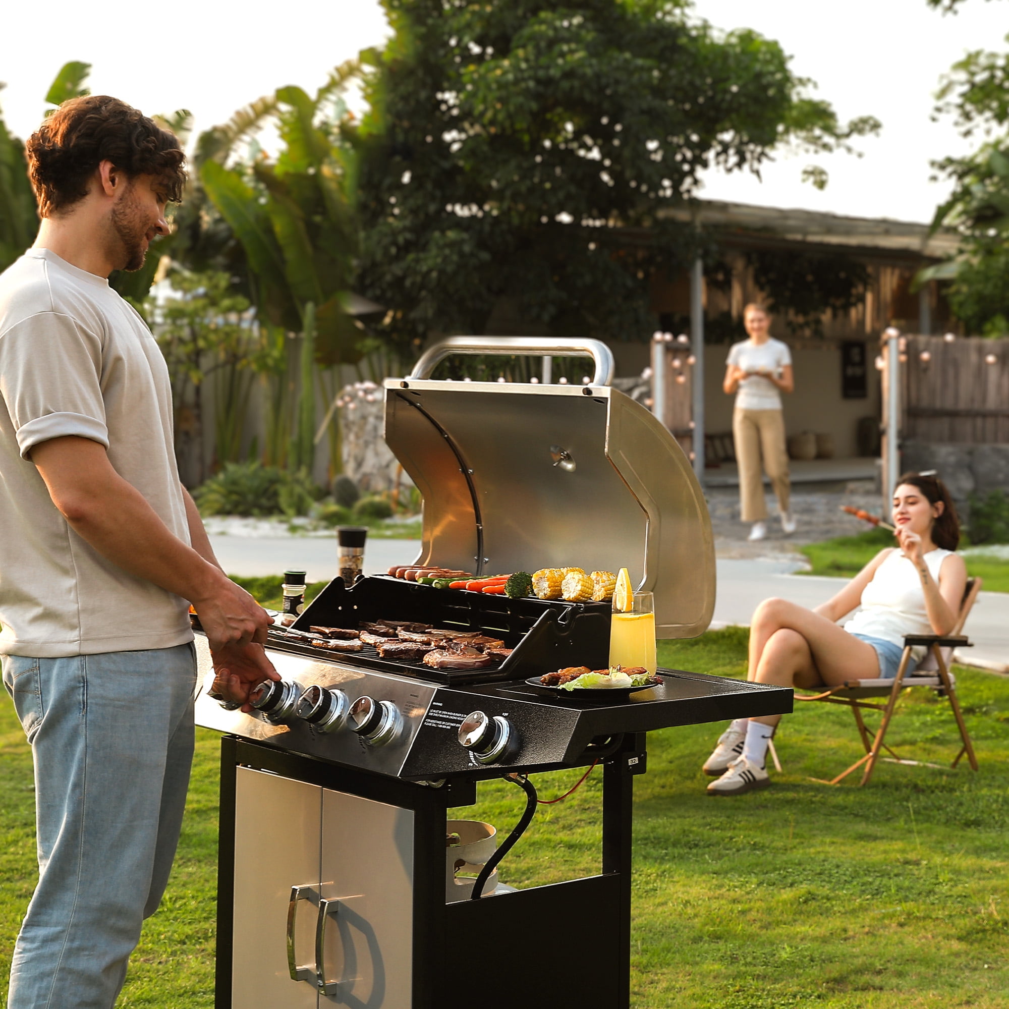 Master Cook 4+1 Burner Propane Gas Grill, Outdoor BBQ Station with Side Stove and Stainless Steel Lid (Silver, 518 Sqin) am193