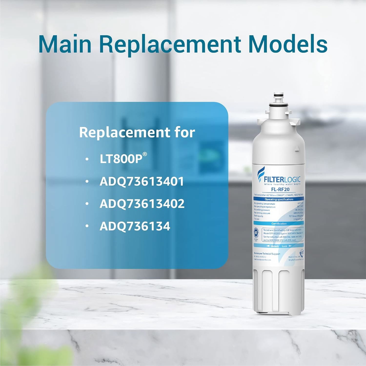 FilterLogic Refrigerator Water Filter Replacement for LG LT800P, ADQ736134 (2 Pack) oh45j