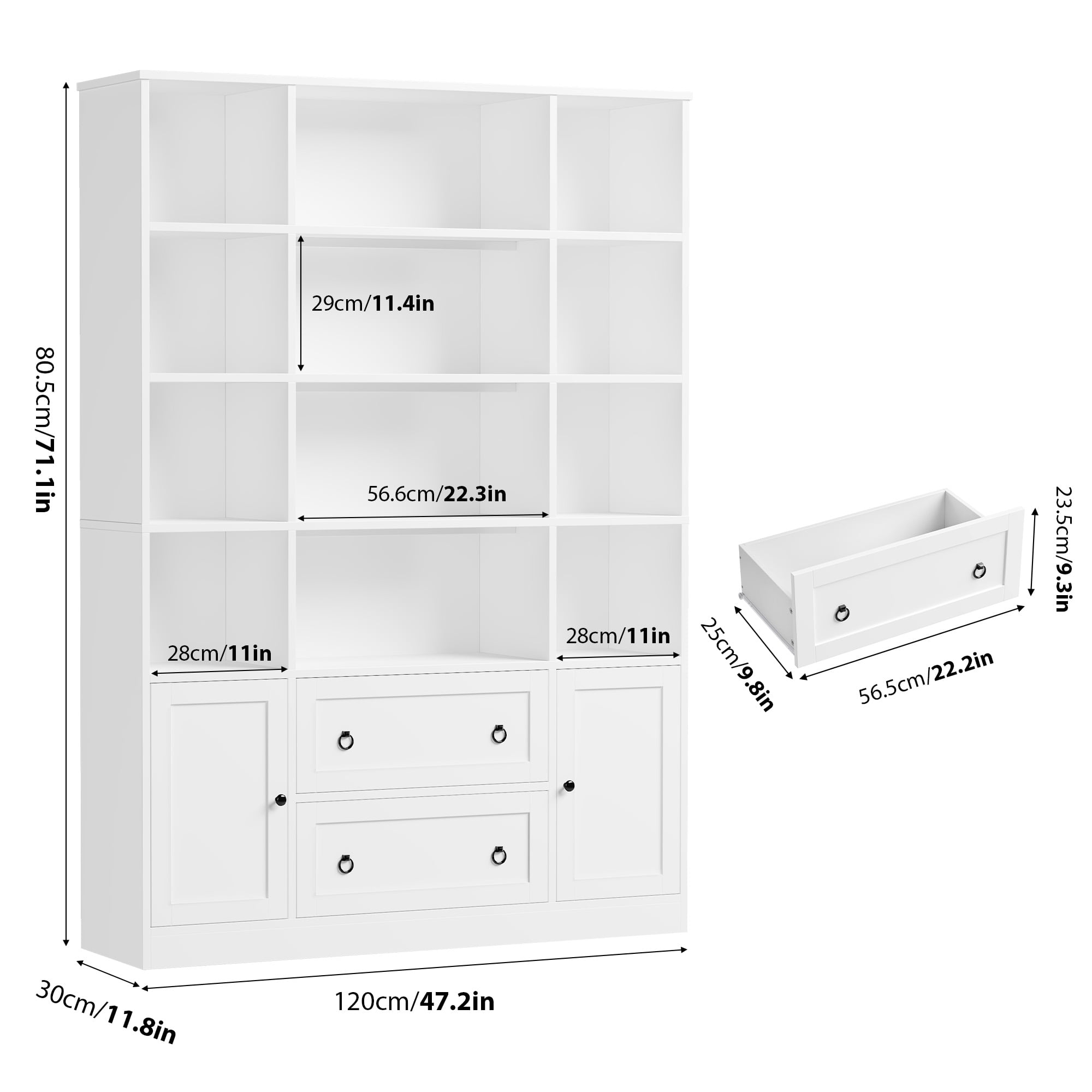 Homfa 12-Cube Tall Bookshelf with Storage Drawers and Doors (White, 71.1 in H x 47.2 in W x 11.8 in D) gkov0