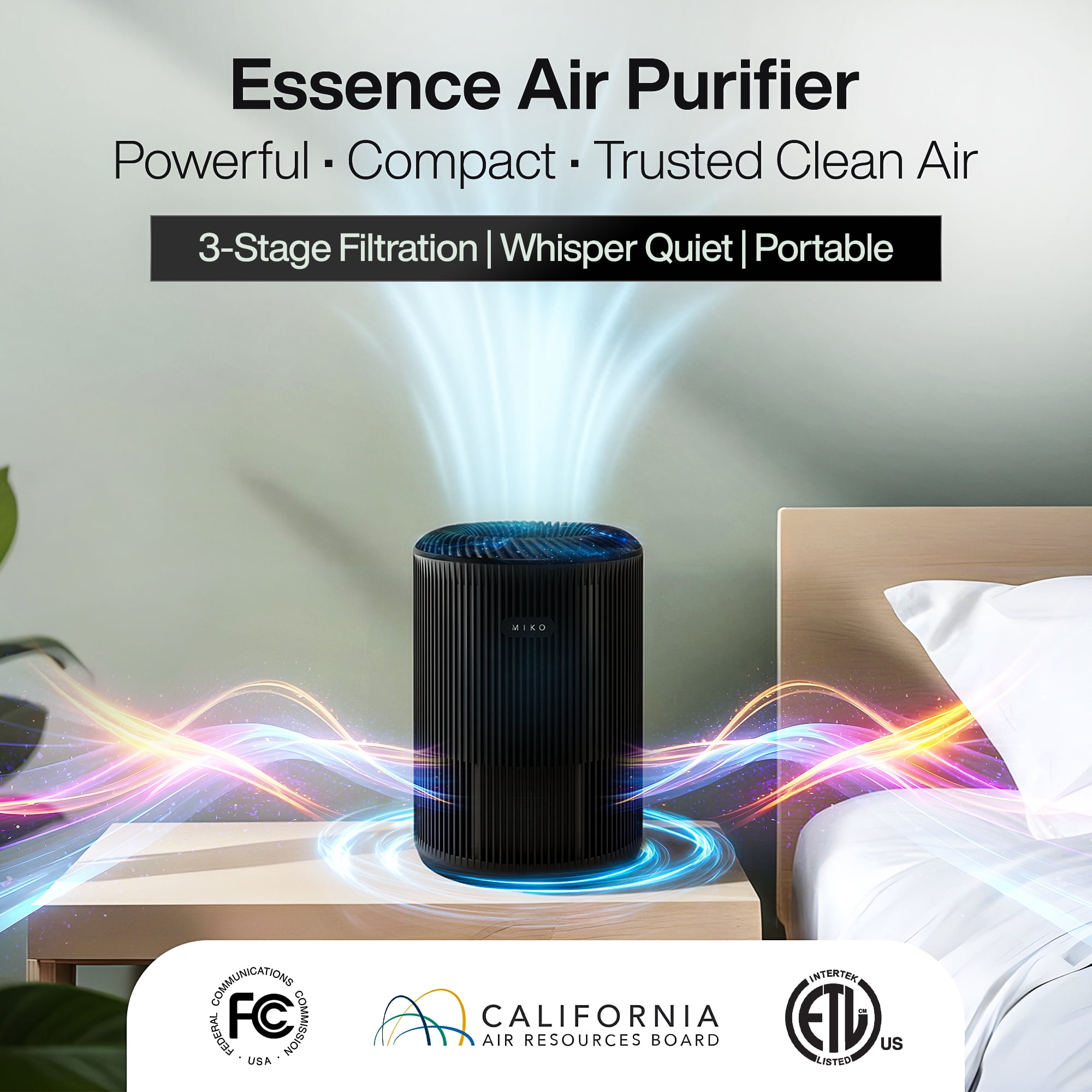 Miko Essence Air Purifier with H13 True HEPA Filter and Activated Carbon for Large Rooms (Black, 1000 sq ft) j2av5