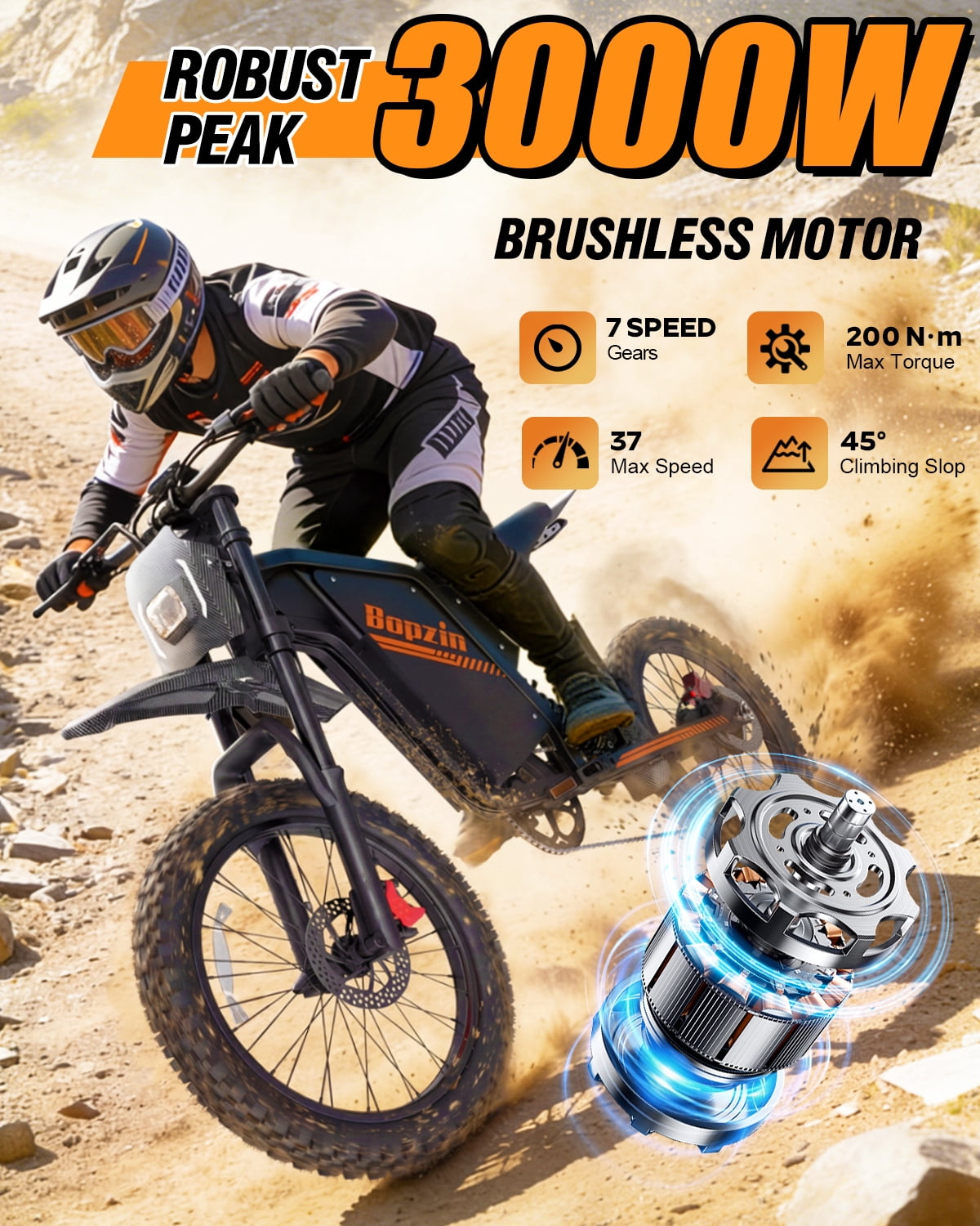 Bopzin Electric Dirt Bike for Adults, 3000W Off-Road E-Bike with App Control and Anti-Theft Alarm (20 in Fat Tire, 60V 25Ah) gtjzx