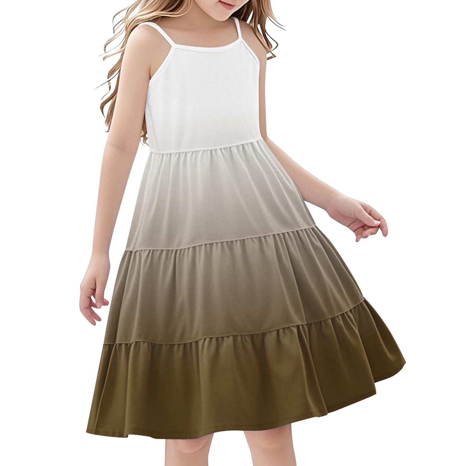 WRKEKC Girls Summer Bohemian Sundress Spaghetti Strap Tiered Ruffle Hem Gradient Dress (Brown, Size 10) zioe8