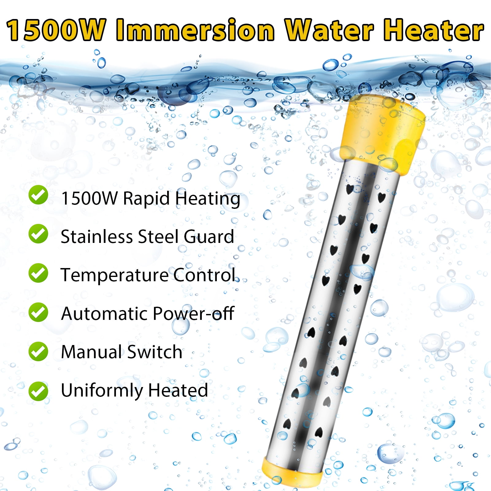 Fyydes 1500W Electric Immersion Water Heater, Portable Submersible Bucket Heater with Auto-Shutoff & Stainless Steel Guard (1500W) 9h03d