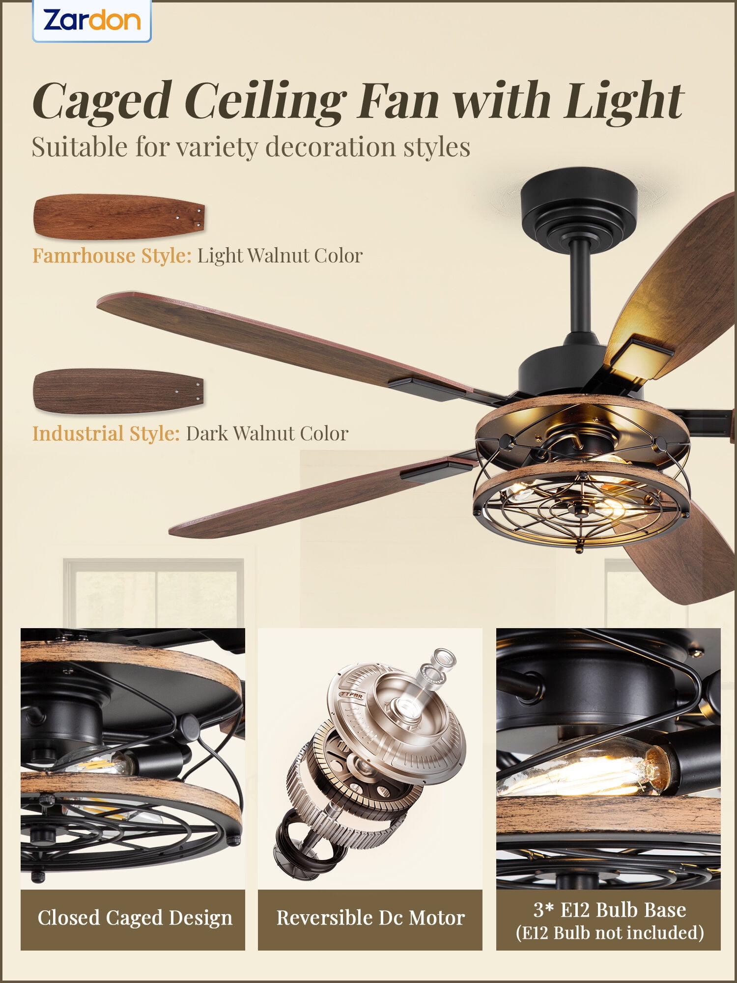 Zardon 52 in Ceiling Fan with Light and Remote Control, Brushed Nickel Finish, 6-Speed DC Motor, Reversible Blades (52 in) upt6i